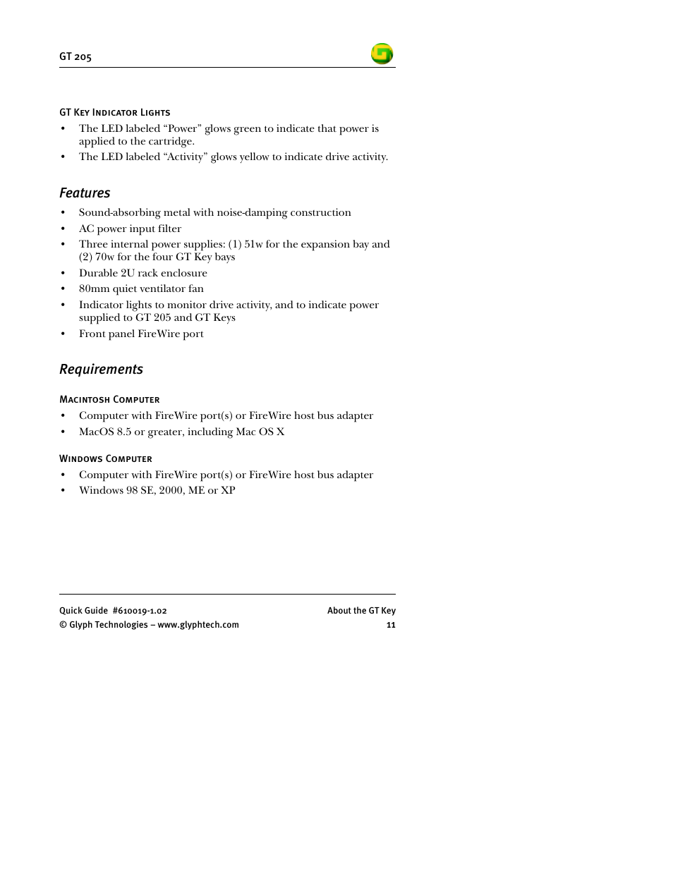 Features, Requirements | Glyph GT 205 User Manual | Page 13 / 30