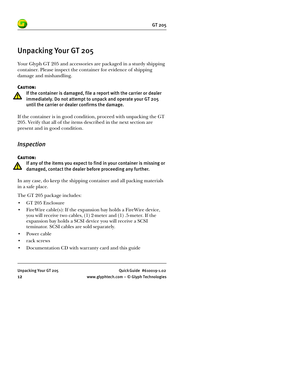 Unpacking your gt 205, Inspection | Glyph GT 205 User Manual | Page 14 / 30