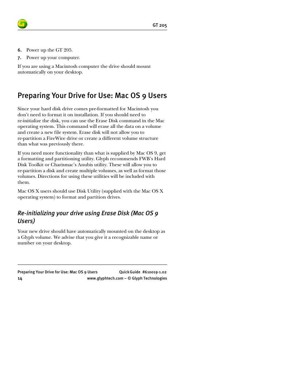 Preparing your drive for use: mac os 9 users | Glyph GT 205 User Manual | Page 16 / 30