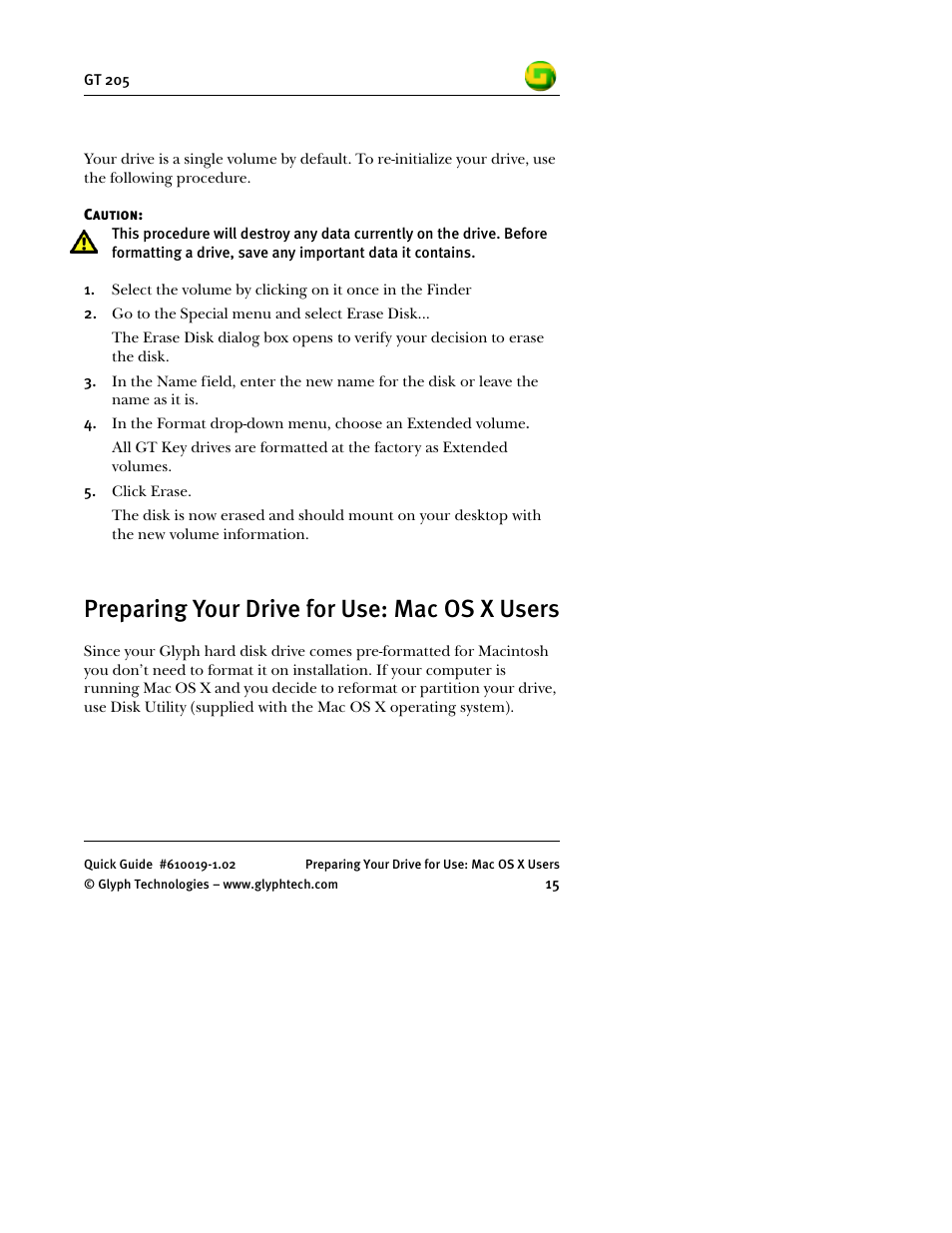 Preparing your drive for use: mac os x users | Glyph GT 205 User Manual | Page 17 / 30