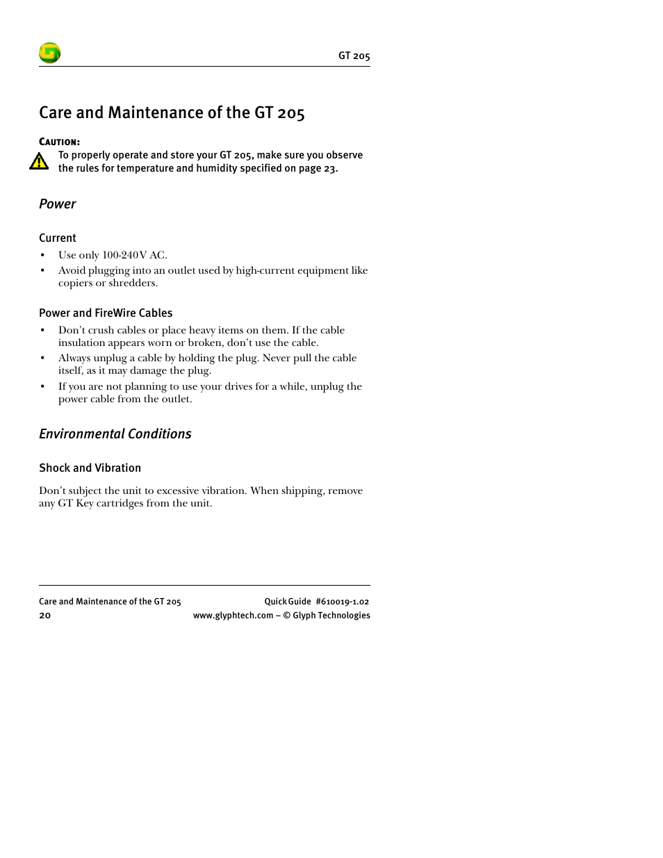 Care and maintenance of the gt 205, Power, Environmental conditions | Glyph GT 205 User Manual | Page 22 / 30