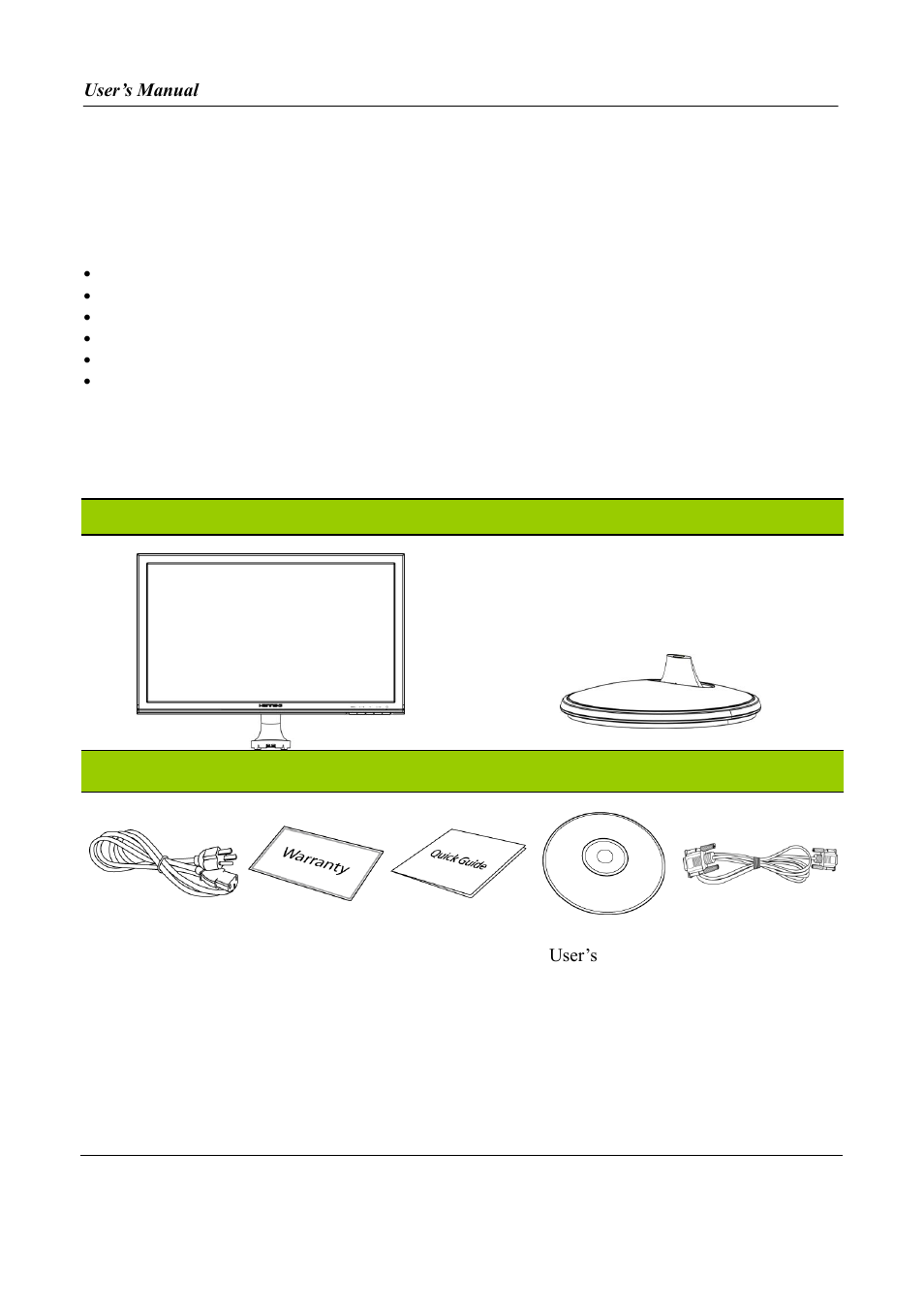 Before you operate the monitor, Features, Checking the contents of the package | Hanns.G HL195 User Manual | Page 8 / 23