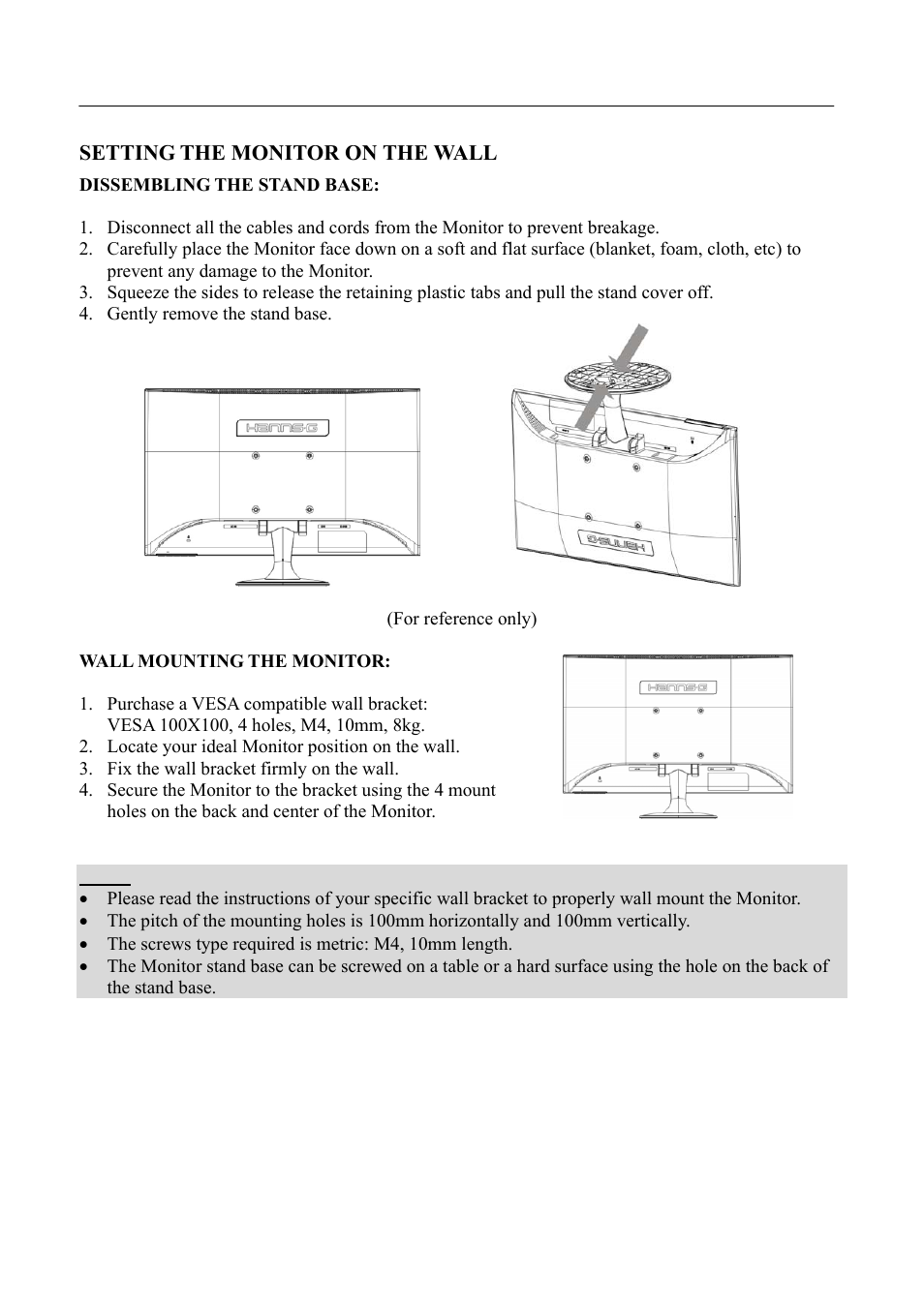 Setting the monitor on the wall | Hanns.G HL225 User Manual | Page 10 / 24