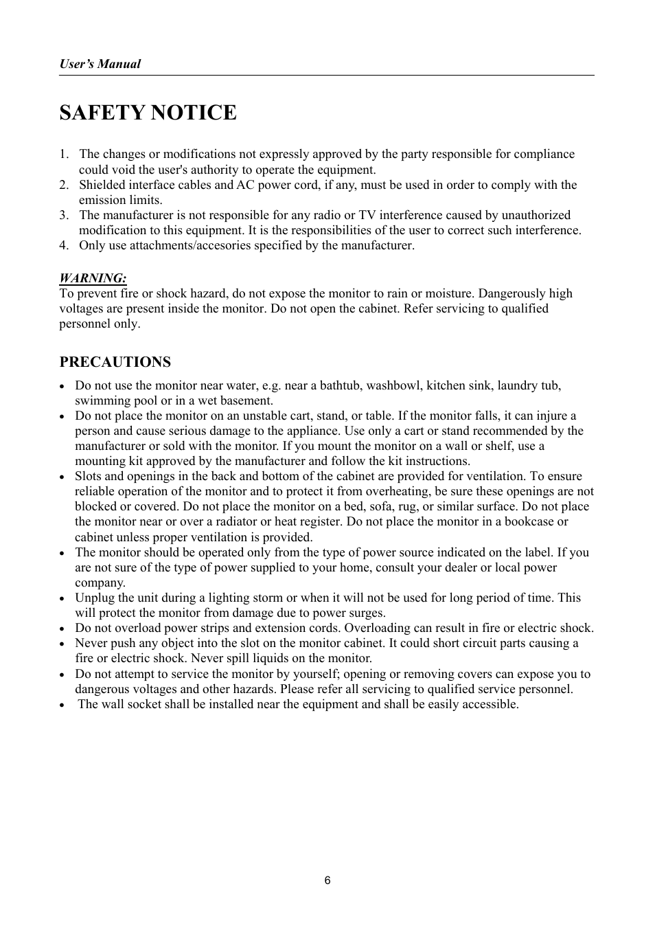 Safety notice, Precautions | Hanns.G HL198 User Manual | Page 6 / 24