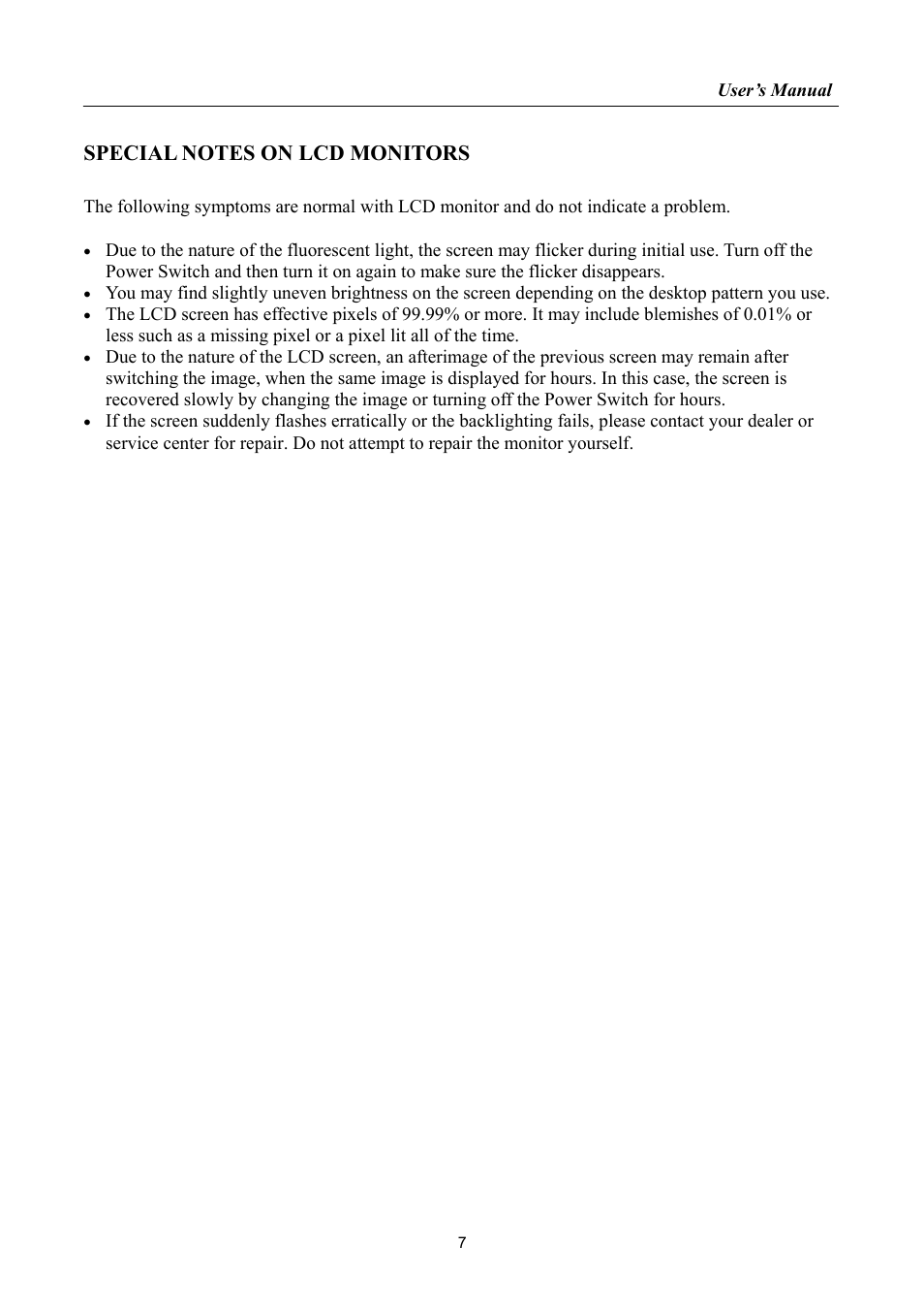 Special notes on lcd monitors | Hanns.G HL198 User Manual | Page 7 / 24