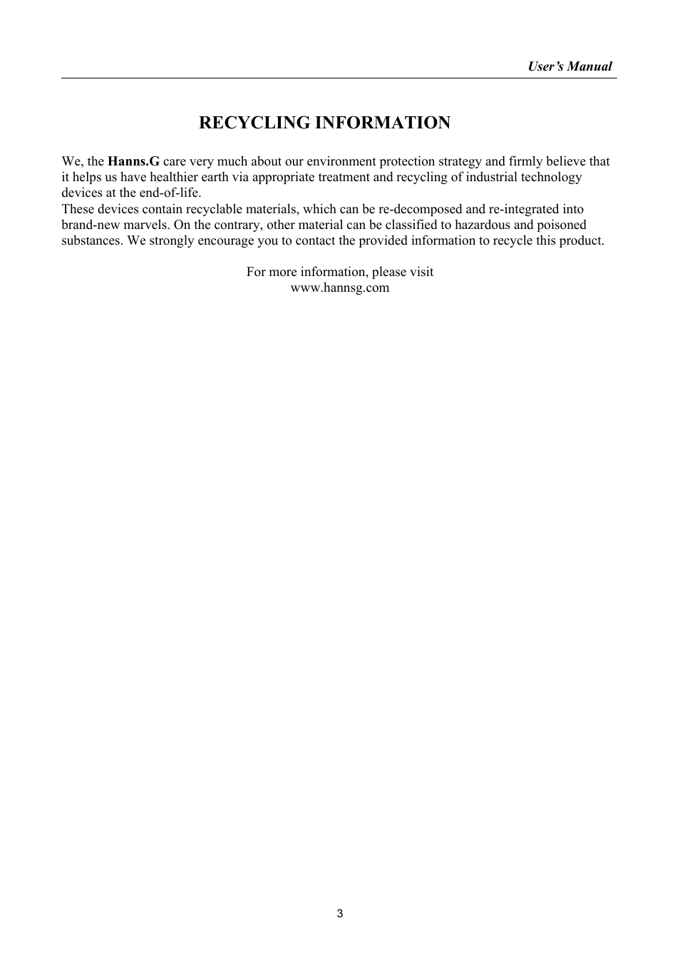 Recycling information | Hanns.G HP195 User Manual | Page 3 / 23