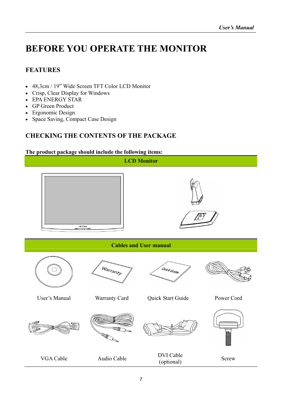 Before you operate the monitor, Features, Checking the contents of the package | Hanns.G HP195 User Manual | Page 7 / 23