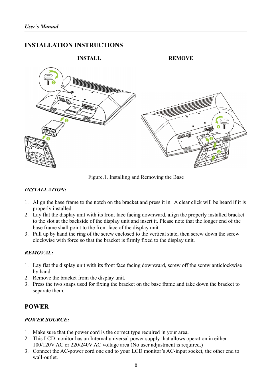 Installation instructions, Power | Hanns.G HP195 User Manual | Page 8 / 23