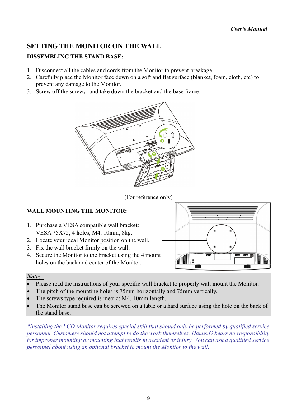Setting the monitor on the wall | Hanns.G HP195 User Manual | Page 9 / 23