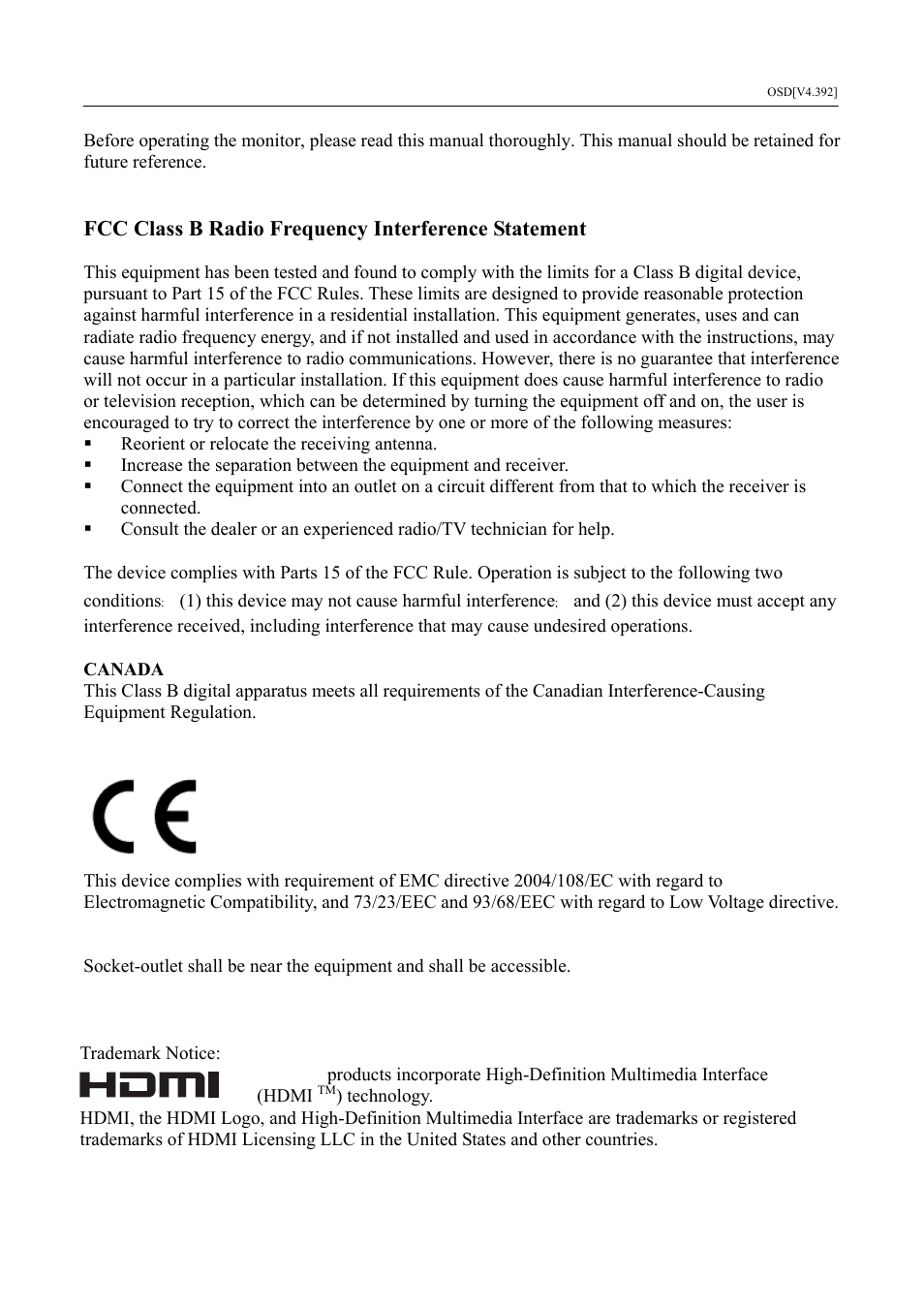 Fcc class b radio frequency interference statement | Hanns.G HZ281 User Manual | Page 2 / 28