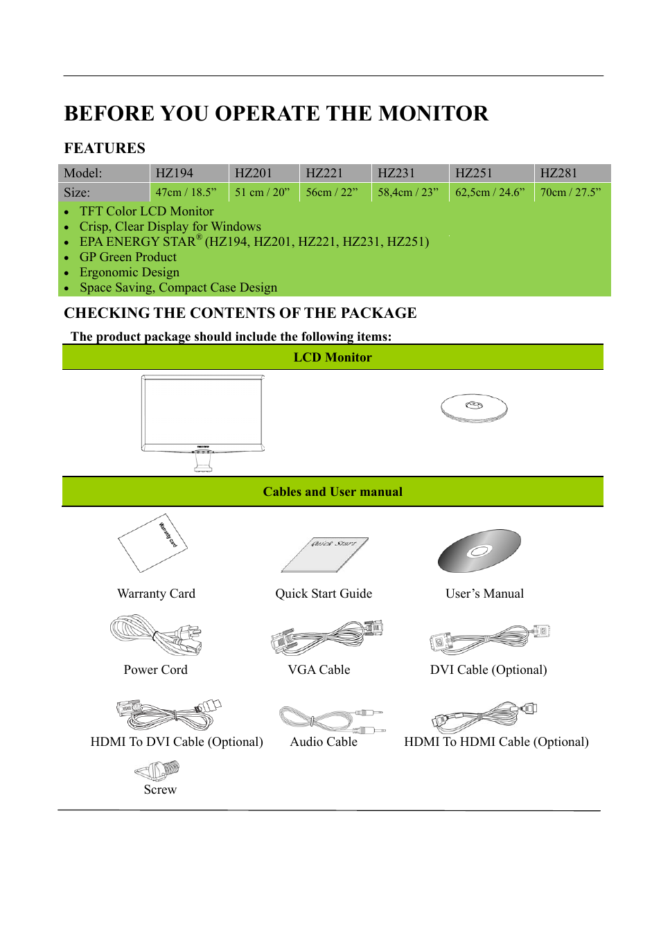 Before you operate the monitor, Features, Checking the contents of the package | Hanns.G HZ281 User Manual | Page 8 / 28