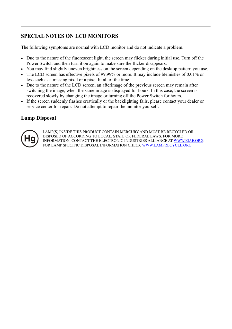 Special notes on lcd monitors, Lamp disposal | Hanns.G HS233 User Manual | Page 6 / 21