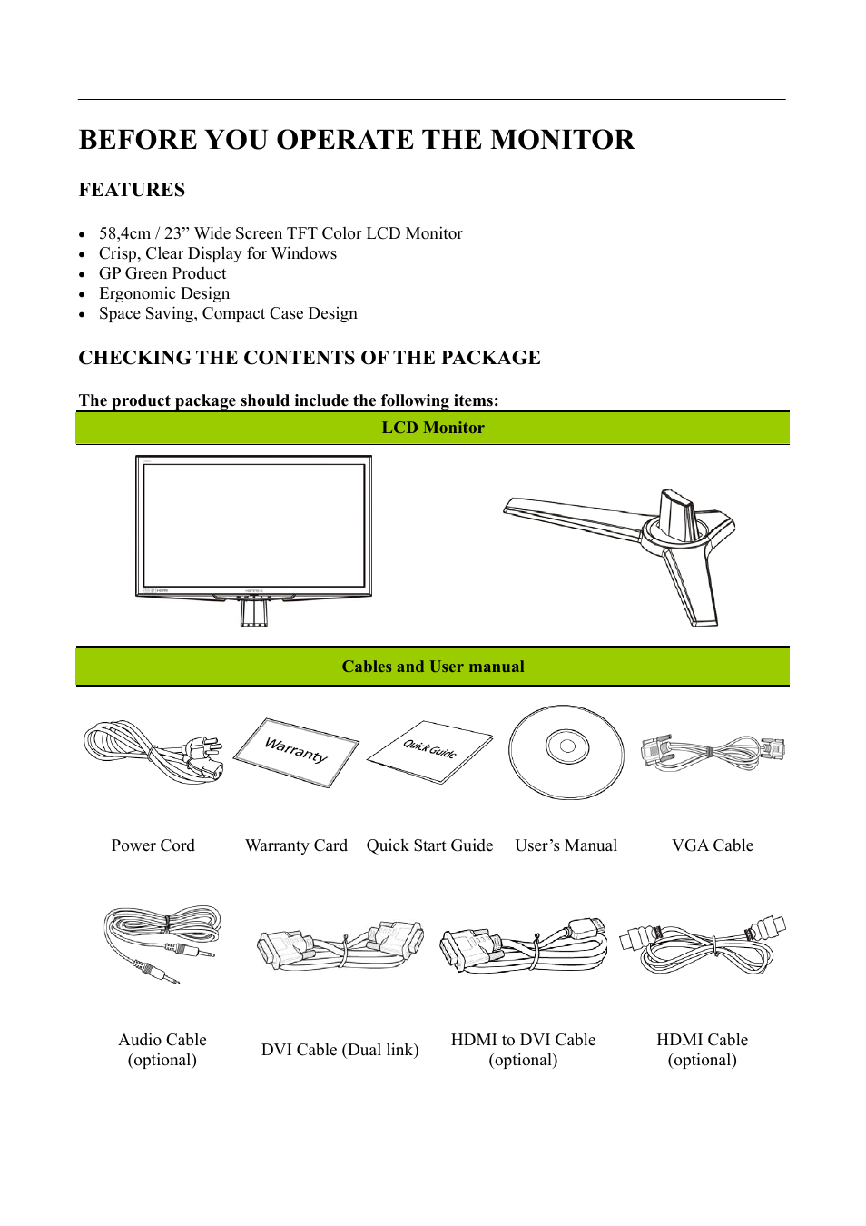Features, Checking the contents of the package, Before you operate the monitor | Hanns.G HS233 User Manual | Page 7 / 21