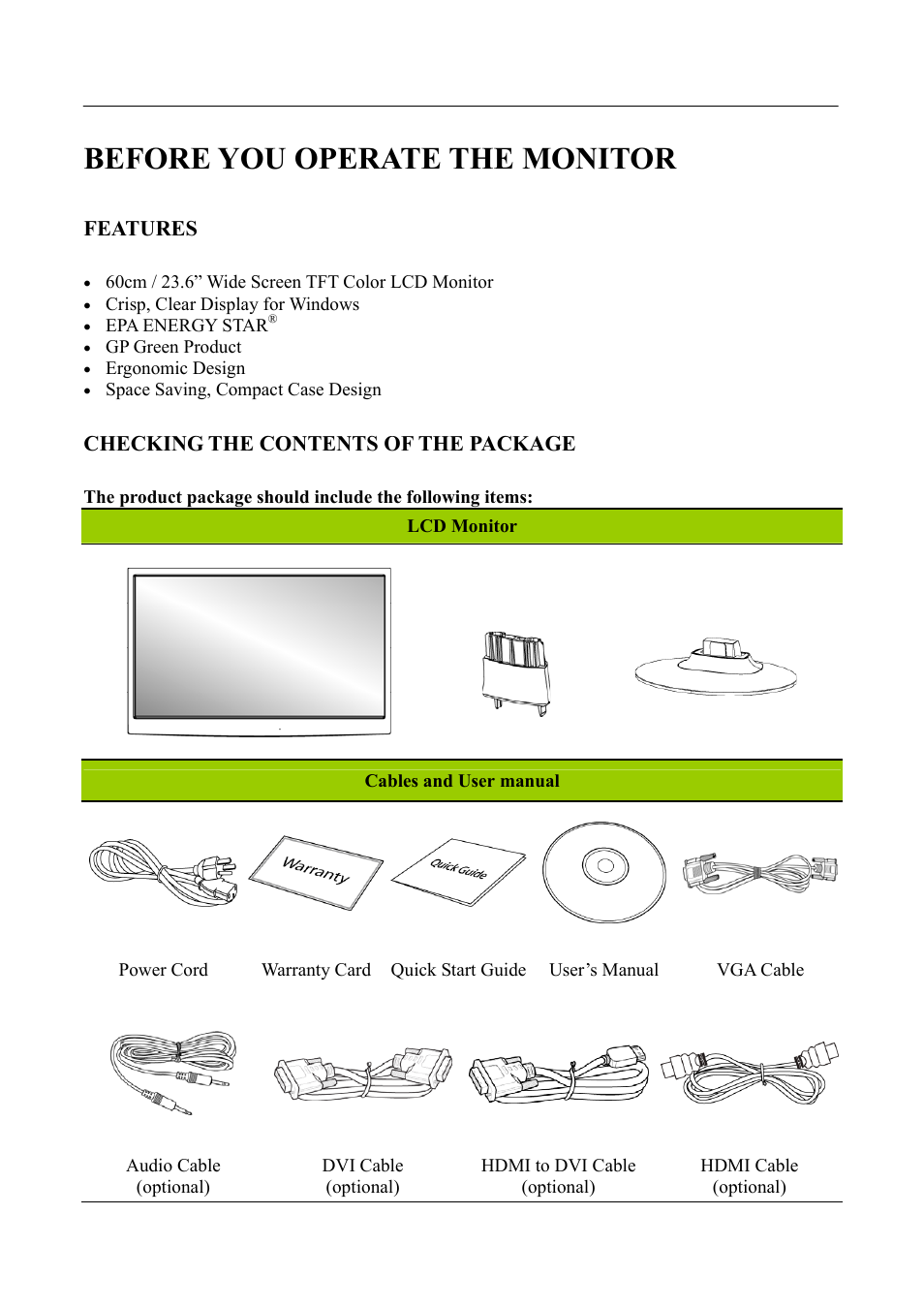 1b1bbefore you operate the monitor, 7b7bfeatures, 8b8bchecking the contents of the package | Before you operate the monitor, Features, Checking the contents of the package | Hanns.G HH241 User Manual | Page 7 / 24