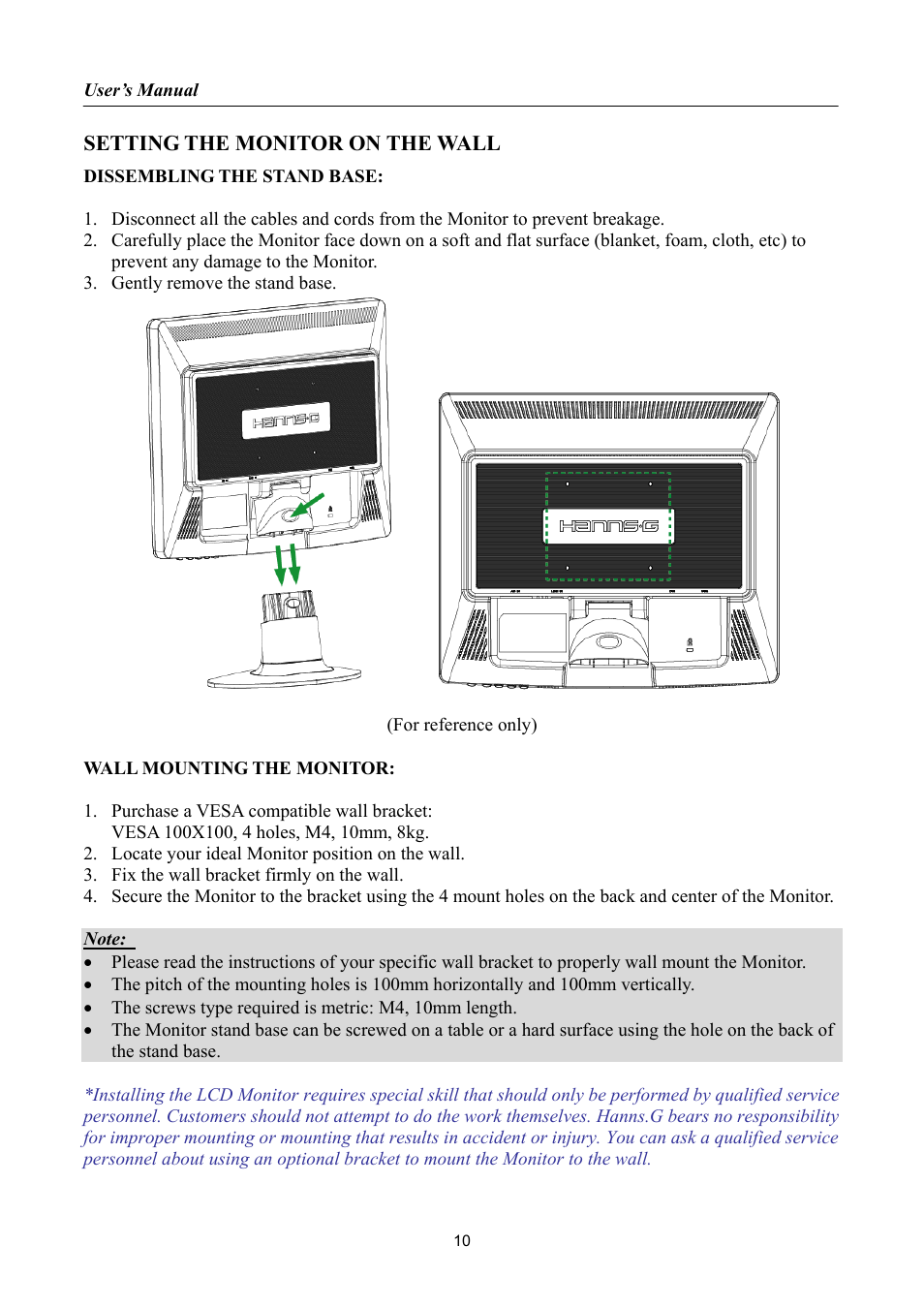 Setting the monitor on the wall | Hanns.G HP191 User Manual | Page 10 / 24