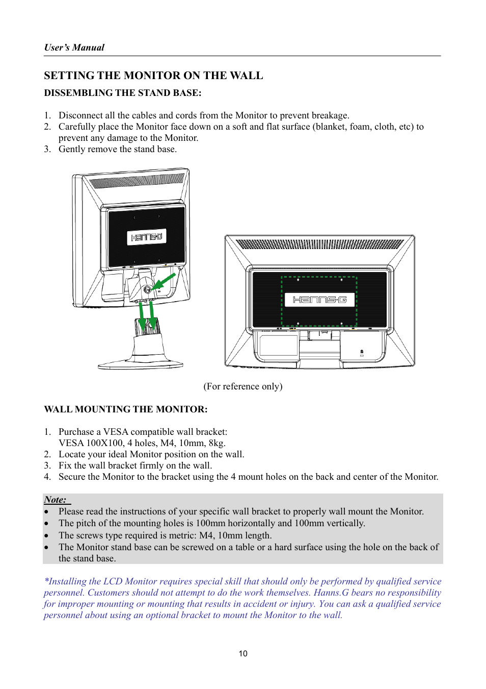 Setting the monitor on the wall | Hanns.G HP192 User Manual | Page 10 / 24