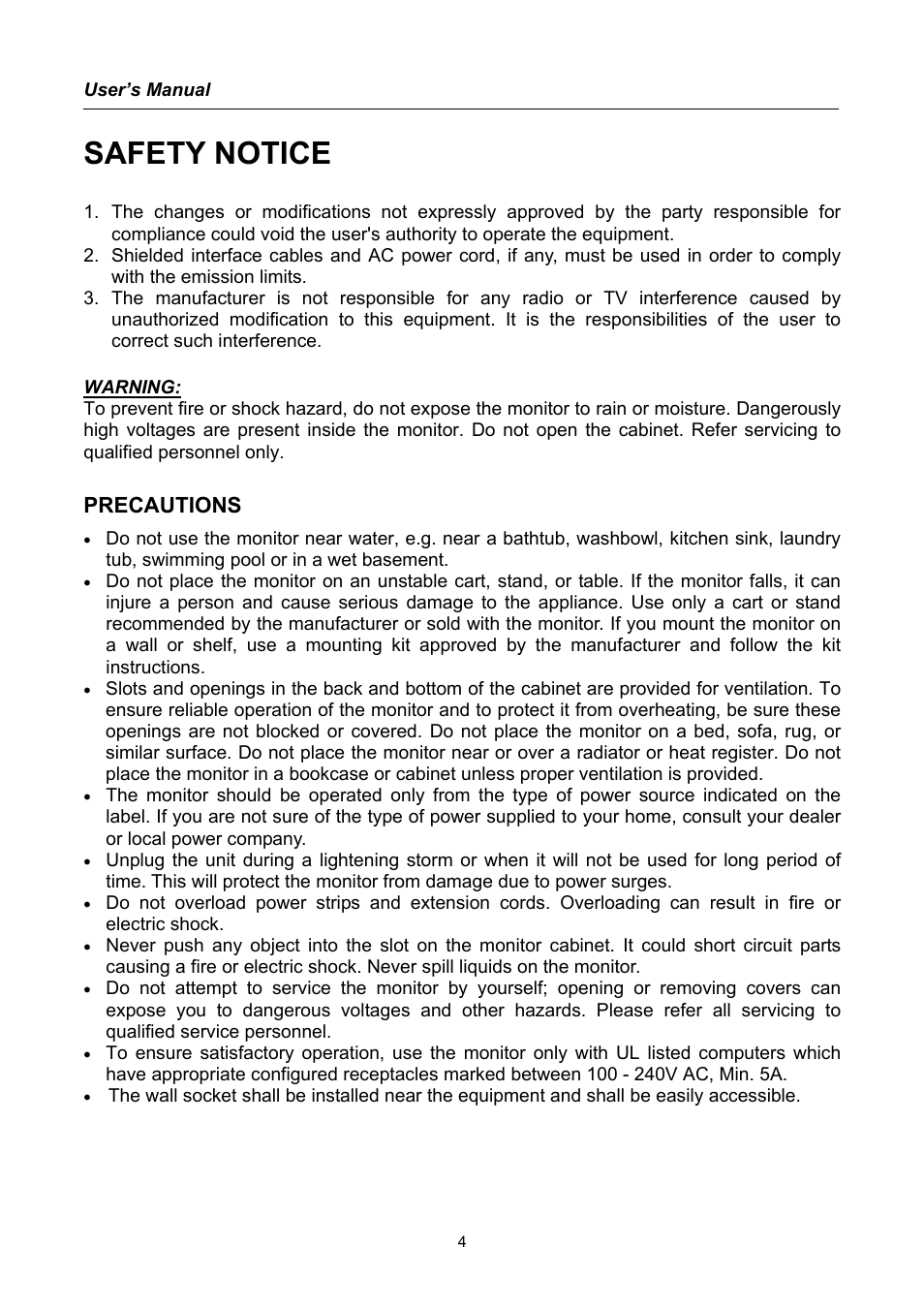 Safety notice, Precautions | Hanns.G HQ191 User Manual | Page 4 / 20