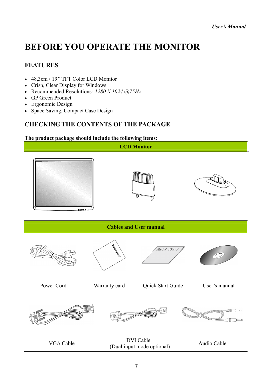 Before you operate the monitor, Features, Checking the contents of the package | Hanns.G HH191 User Manual | Page 7 / 22