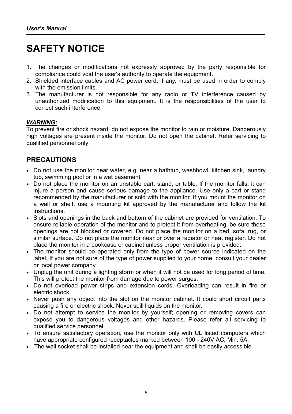Safety notice, Precautions | Hanns.G HC194 User Manual | Page 6 / 20