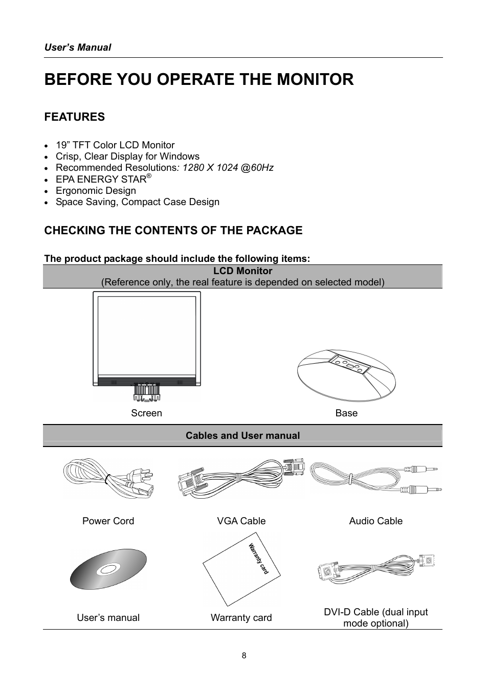 Before you operate the monitor, Features, Checking the contents of the package | Hanns.G HC194 User Manual | Page 8 / 20