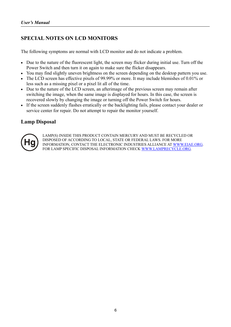 Special notes on lcd monitors, Lamp disposal | Hanns.G HK162 User Manual | Page 6 / 21