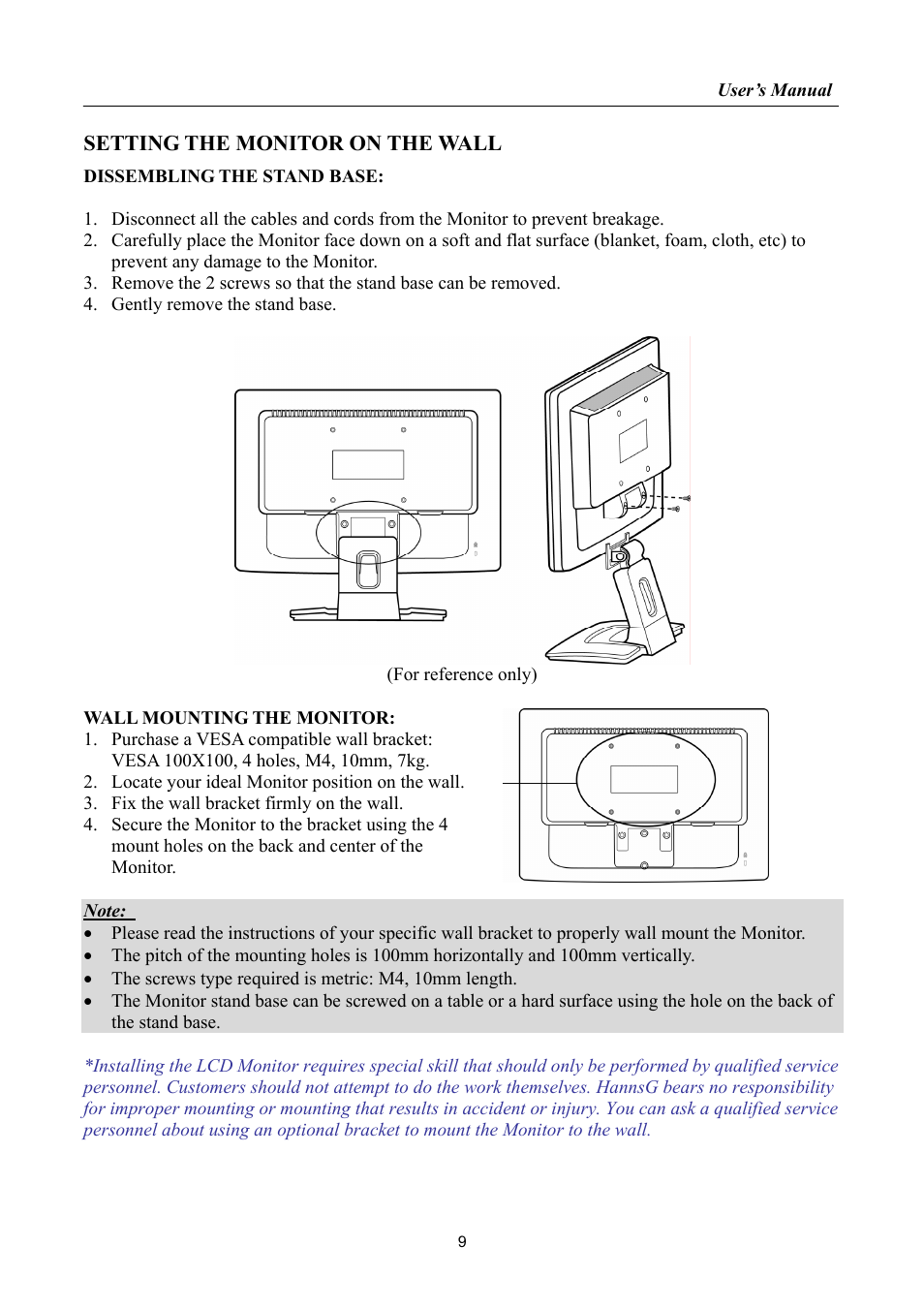 Setting the monitor on the wall | Hanns.G HK162 User Manual | Page 9 / 21