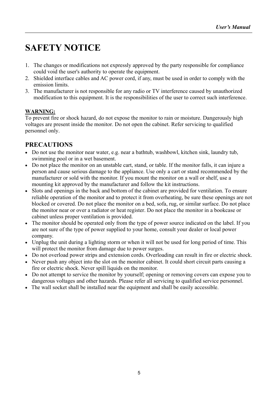 Safety notice, Precautions | Hanns.G HH192 User Manual | Page 5 / 22