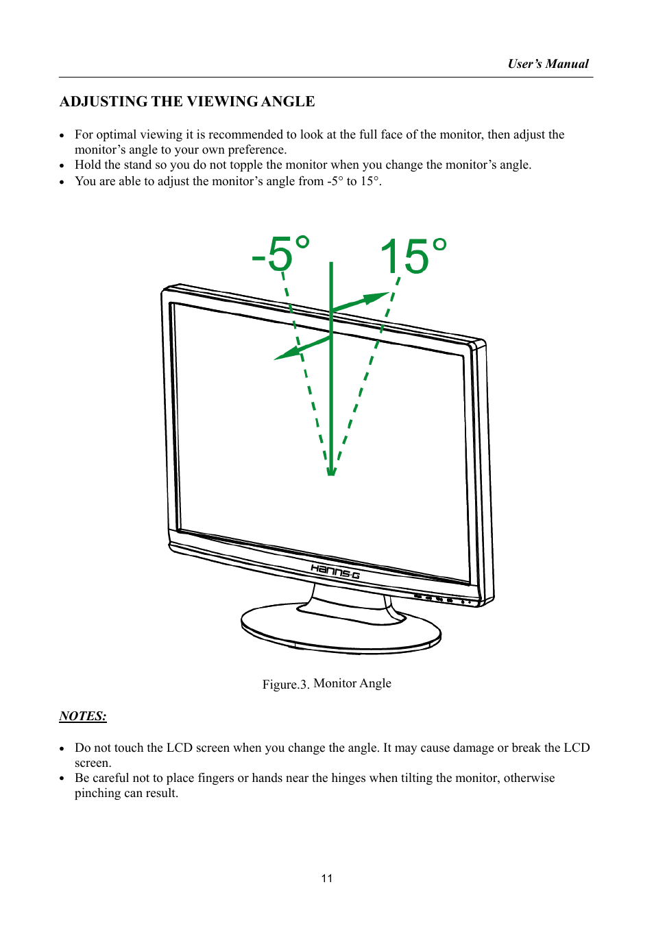 Adjusting the viewing angle, Djusting the viewing angle | Hanns.G HA192 User Manual | Page 11 / 23