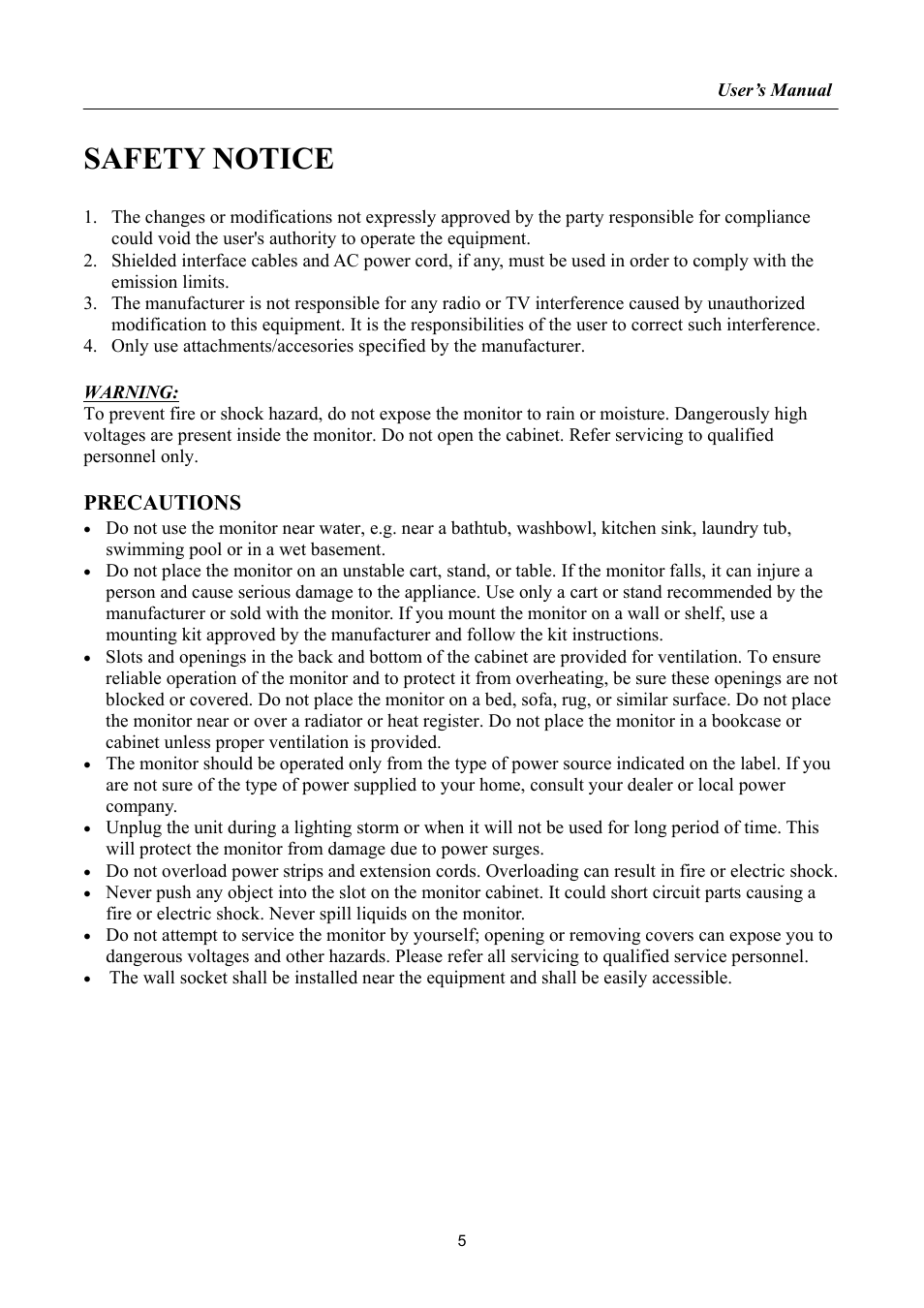 Safety notice, Precautions | Hanns.G HA192 User Manual | Page 5 / 23