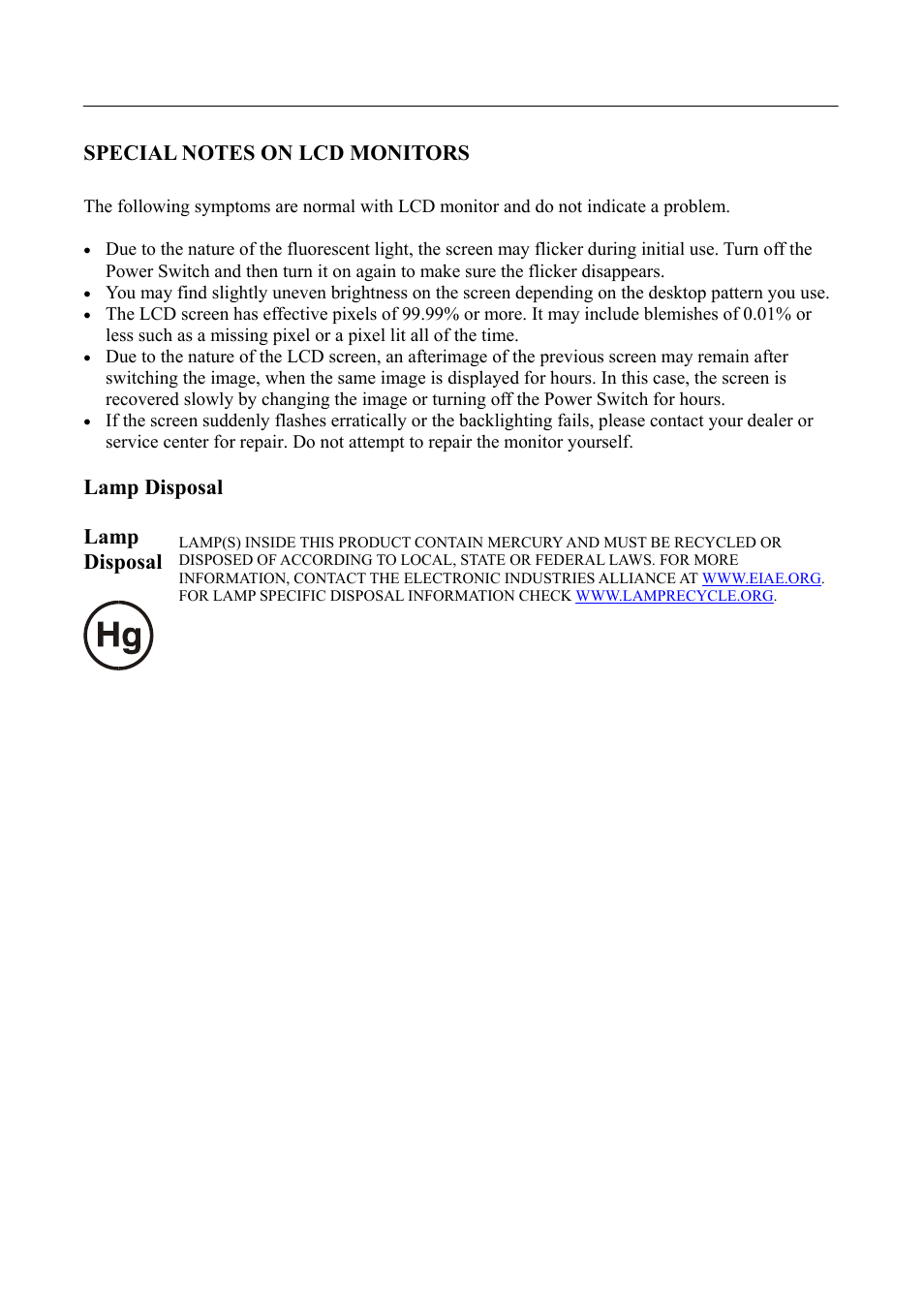 Special notes on lcd monitors, Lamp, Lamp disposal disposal | Hanns.G HH281 User Manual | Page 6 / 22