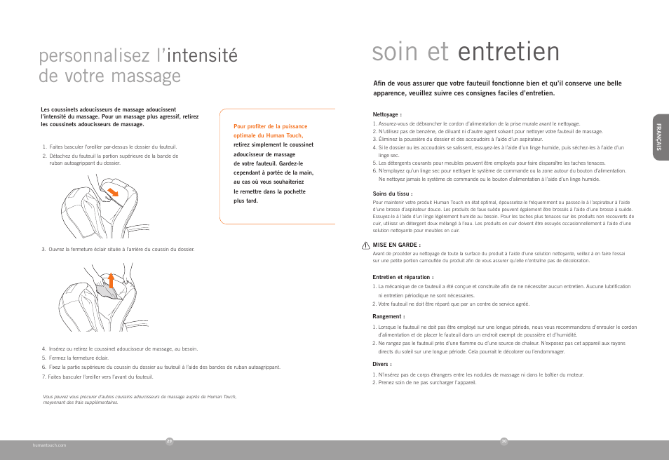 Soin et entretien, Personnalisez l’ intensité de votre massage | Human Touch HT-135 Massage Chair User Manual | Page 15 / 24