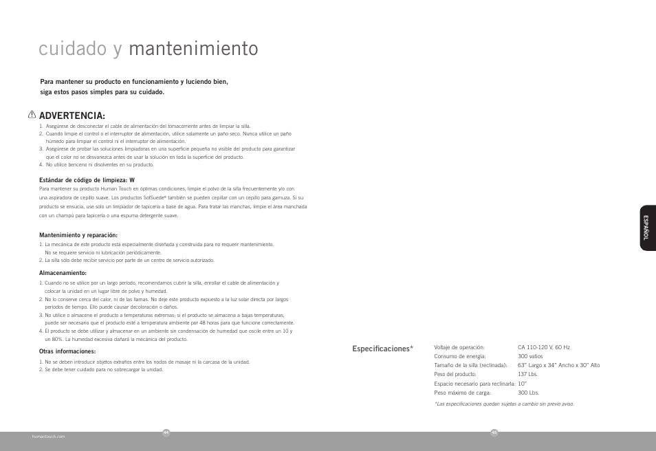 Cuidado y mantenimiento, Advertencia | Human Touch PC-086 Perfect Chair User Manual | Page 24 / 24