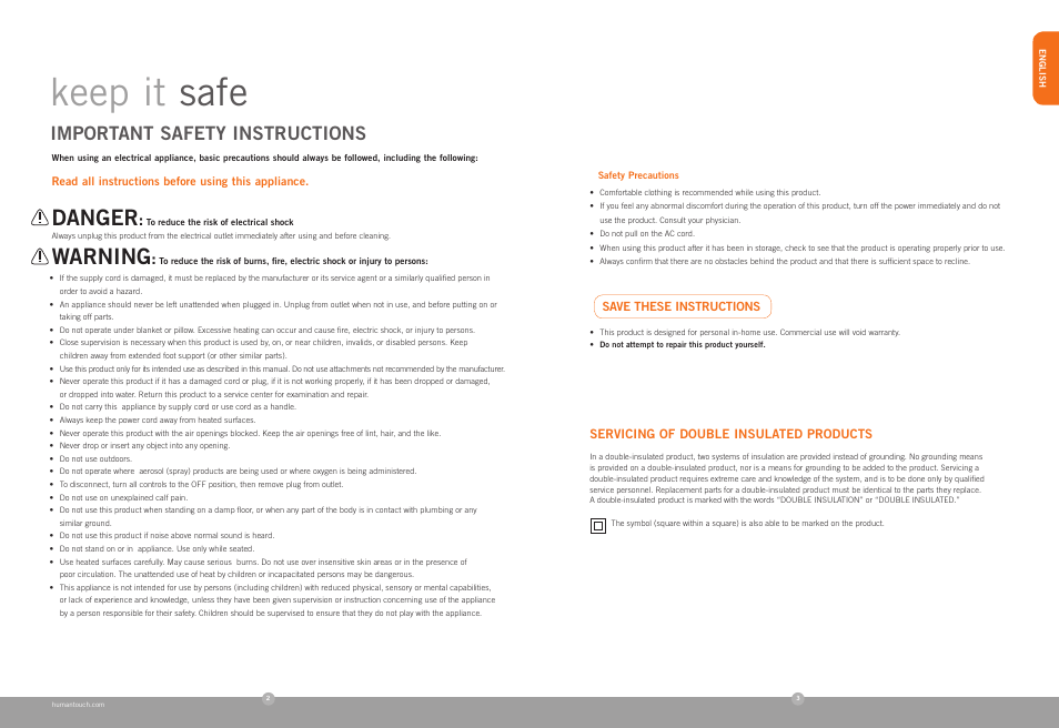 Keep it safe, Danger, Warning | Important safety instructions | Human Touch PC-086 Perfect Chair User Manual | Page 3 / 24