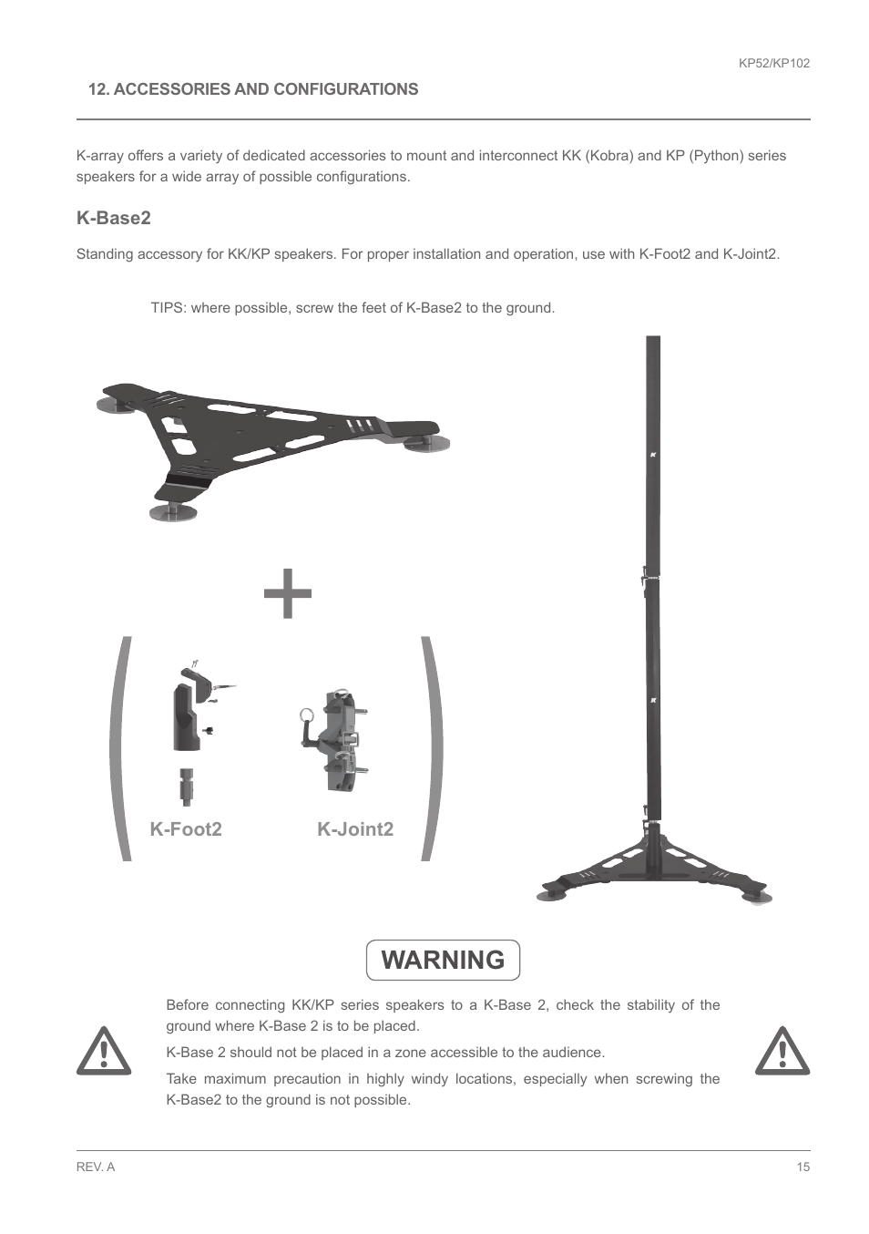 Warning, K-foot2 k-joint2 | K-array KP102 User Manual | Page 15 / 24