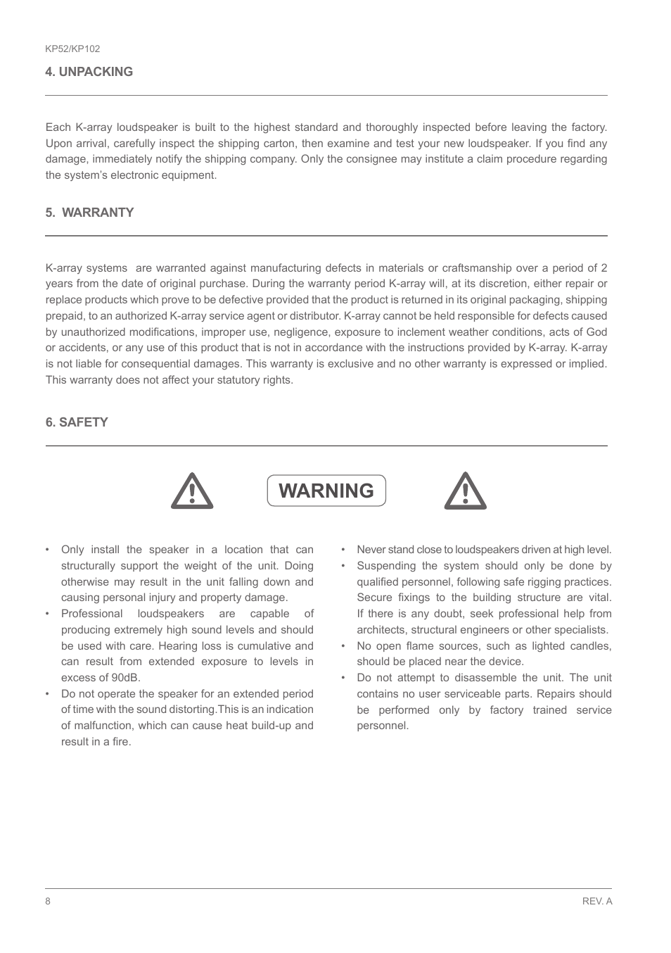 Warning | K-array KP102 User Manual | Page 8 / 24