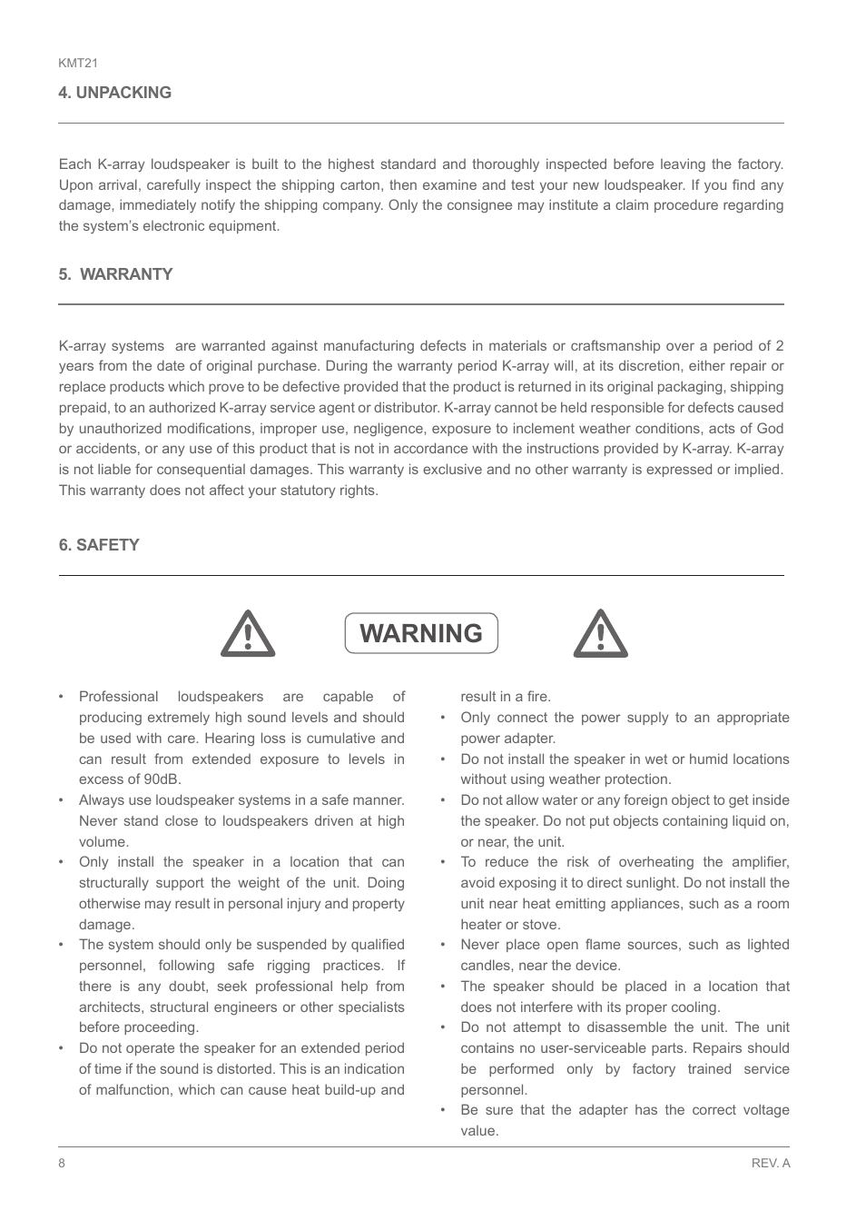 Warning | K-array KMT21 User Manual | Page 8 / 28