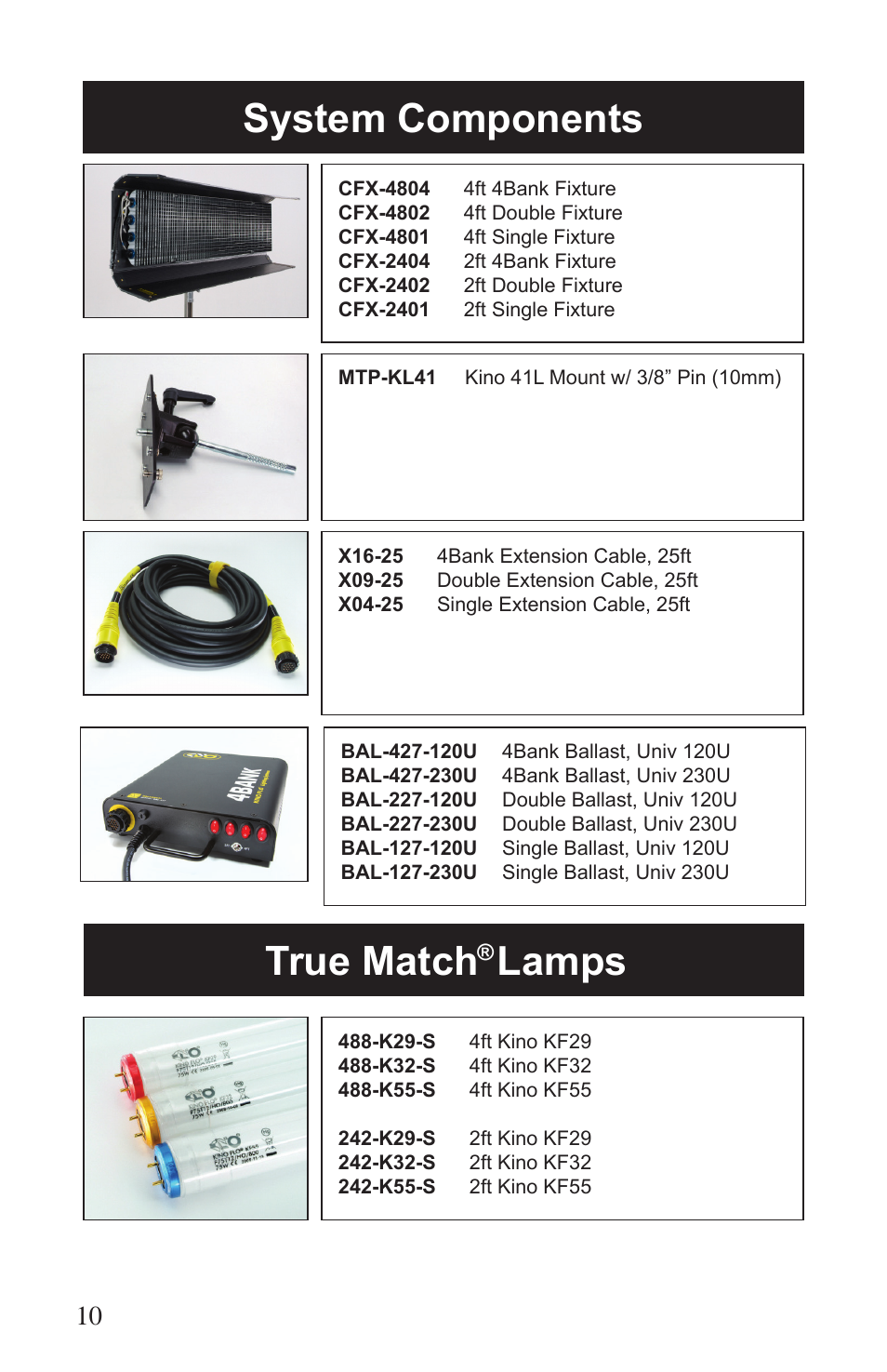 System components, True match, Lamps | Kino Flo Single (BAL-127) User Manual | Page 10 / 16