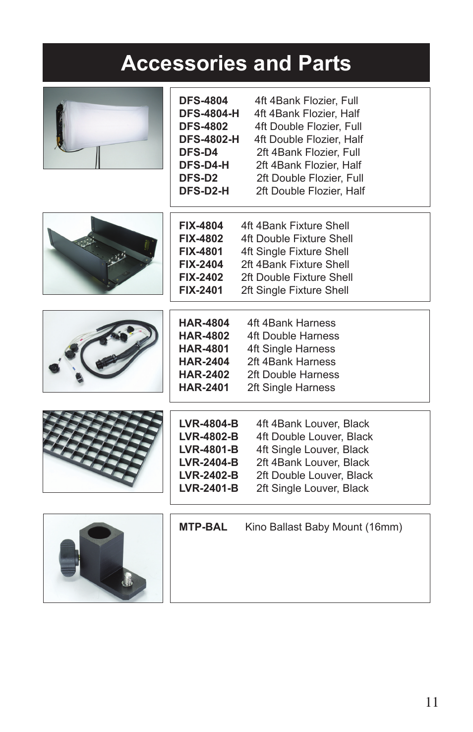 Accessories and parts | Kino Flo Single (BAL-127) User Manual | Page 11 / 16