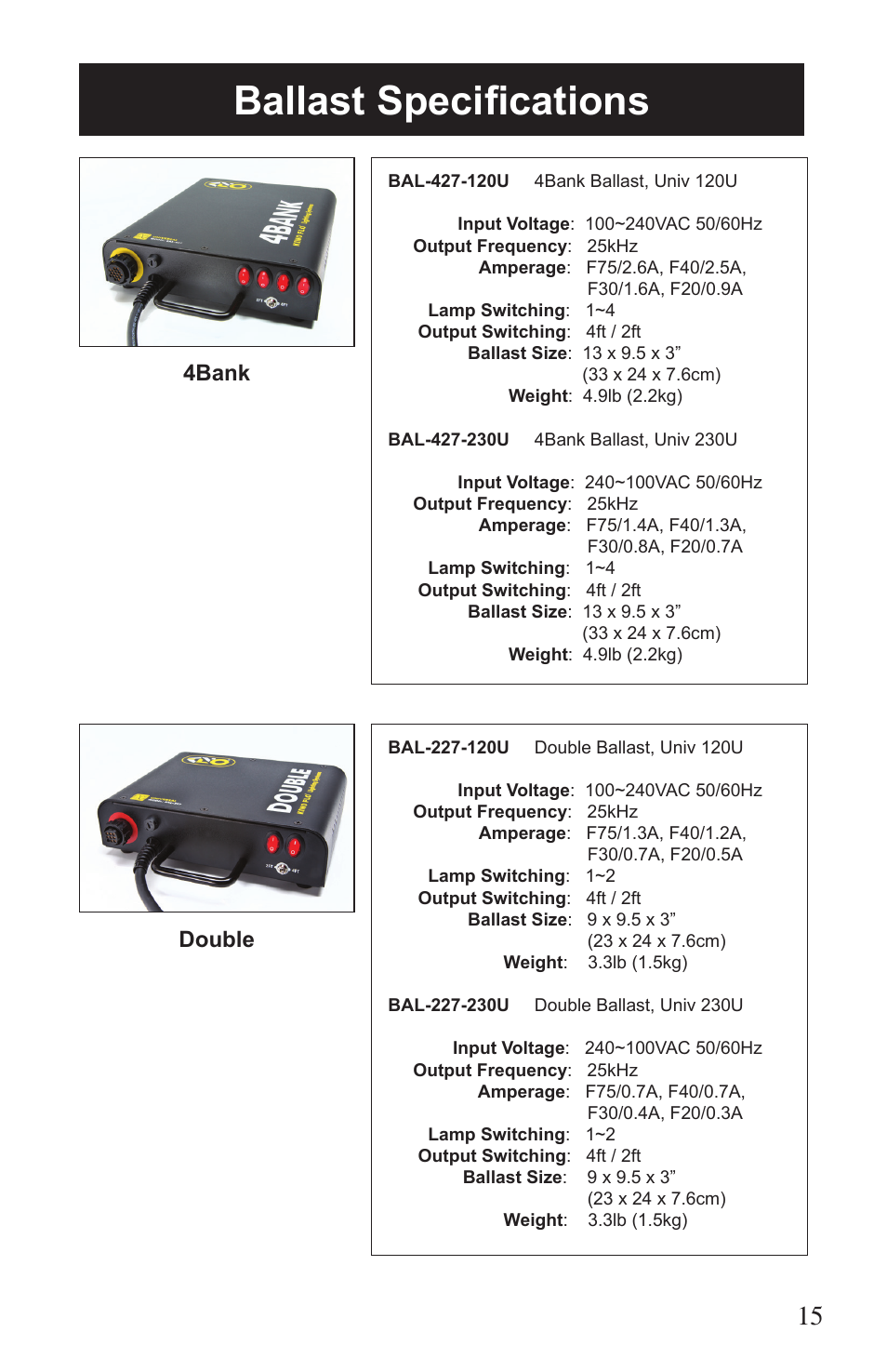 Ballast specifications, 4bank double | Kino Flo Single (BAL-127) User Manual | Page 15 / 16