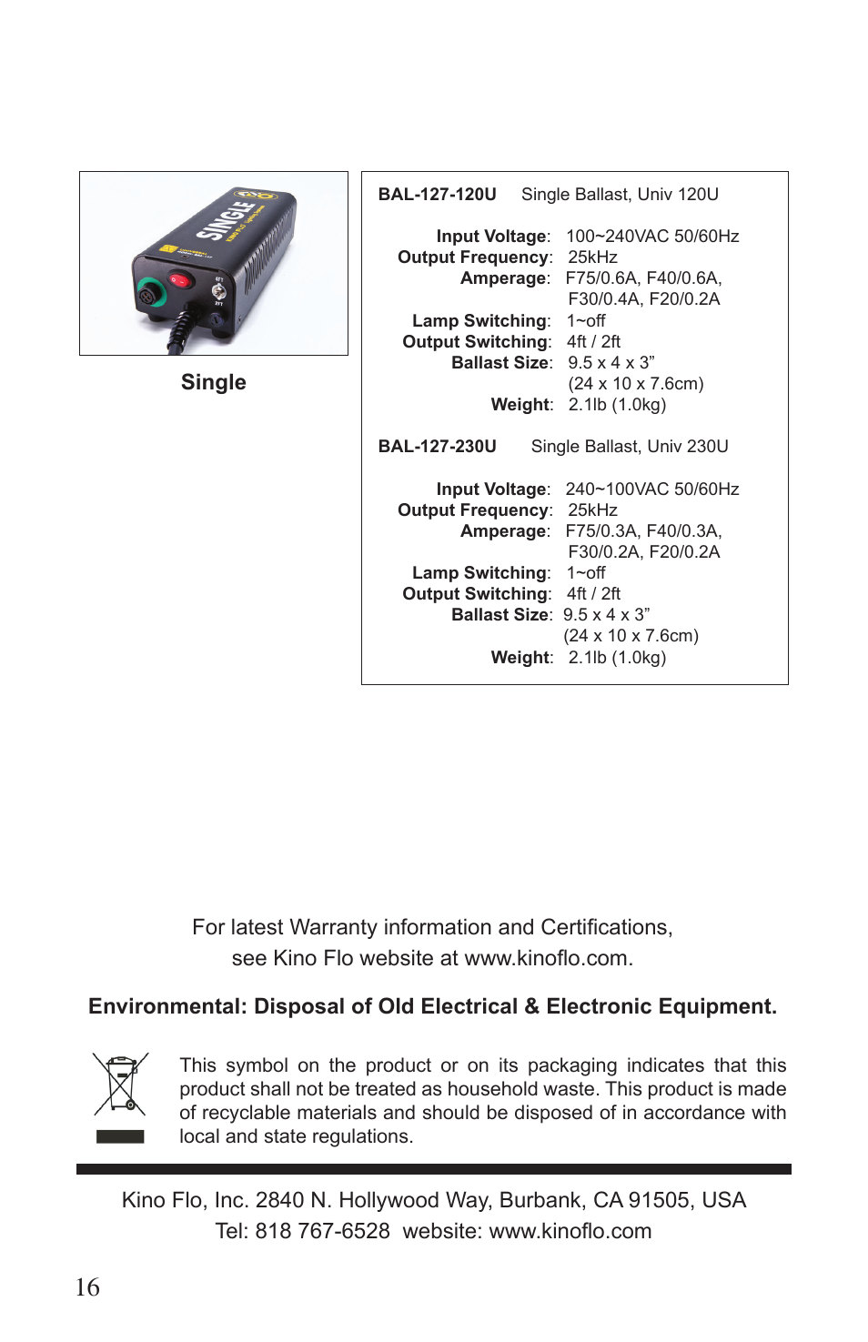 Kino Flo Single (BAL-127) User Manual | Page 16 / 16