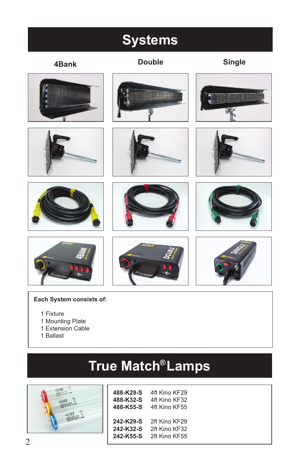 Systems, True match, Lamps | Kino Flo Single (BAL-127) User Manual | Page 2 / 16
