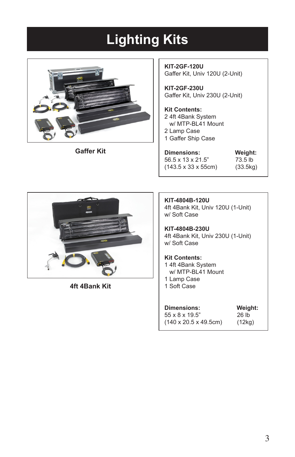 Lighting kits | Kino Flo Single (BAL-127) User Manual | Page 3 / 16