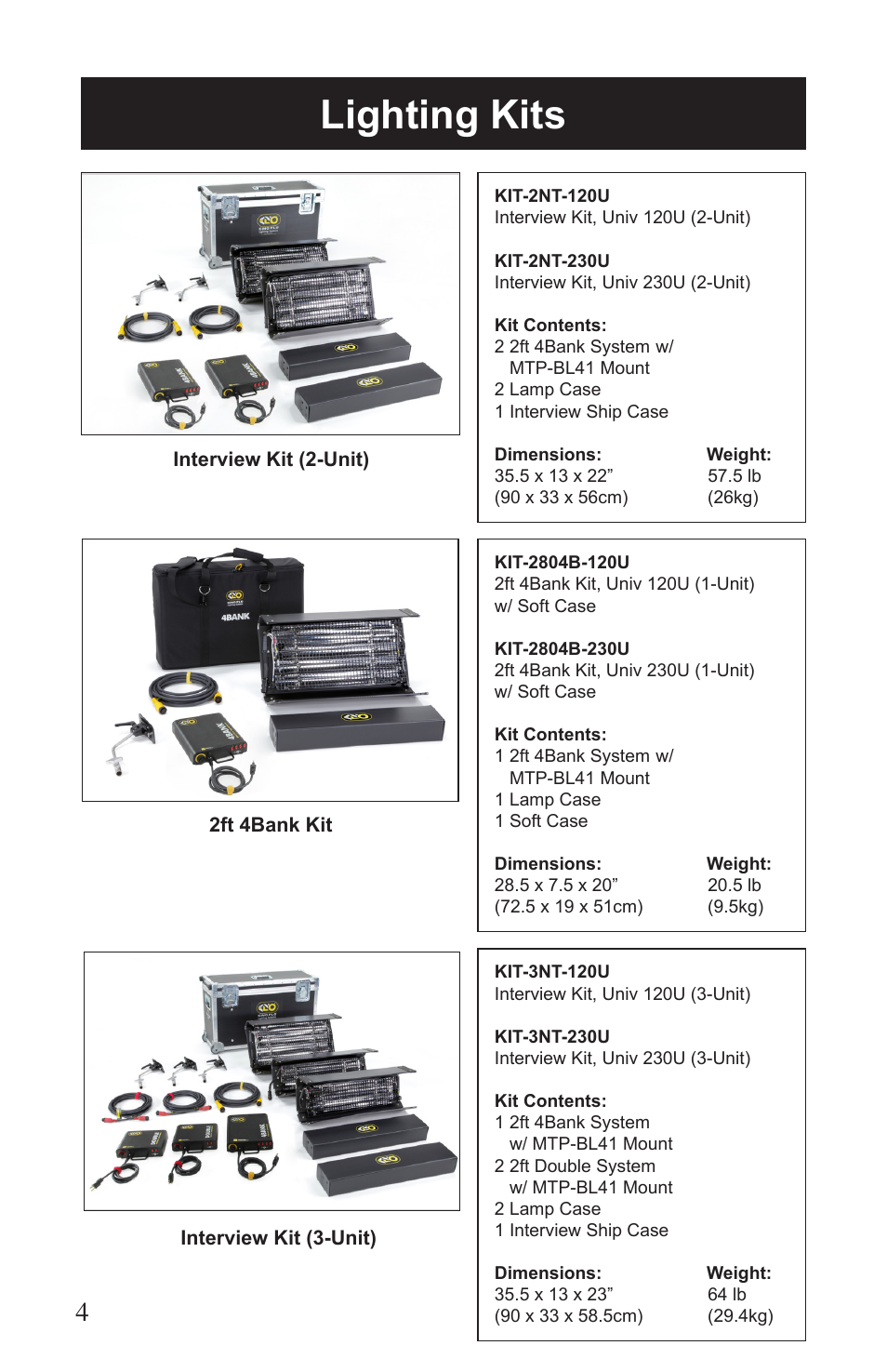 Lighting kits | Kino Flo Single (BAL-127) User Manual | Page 4 / 16
