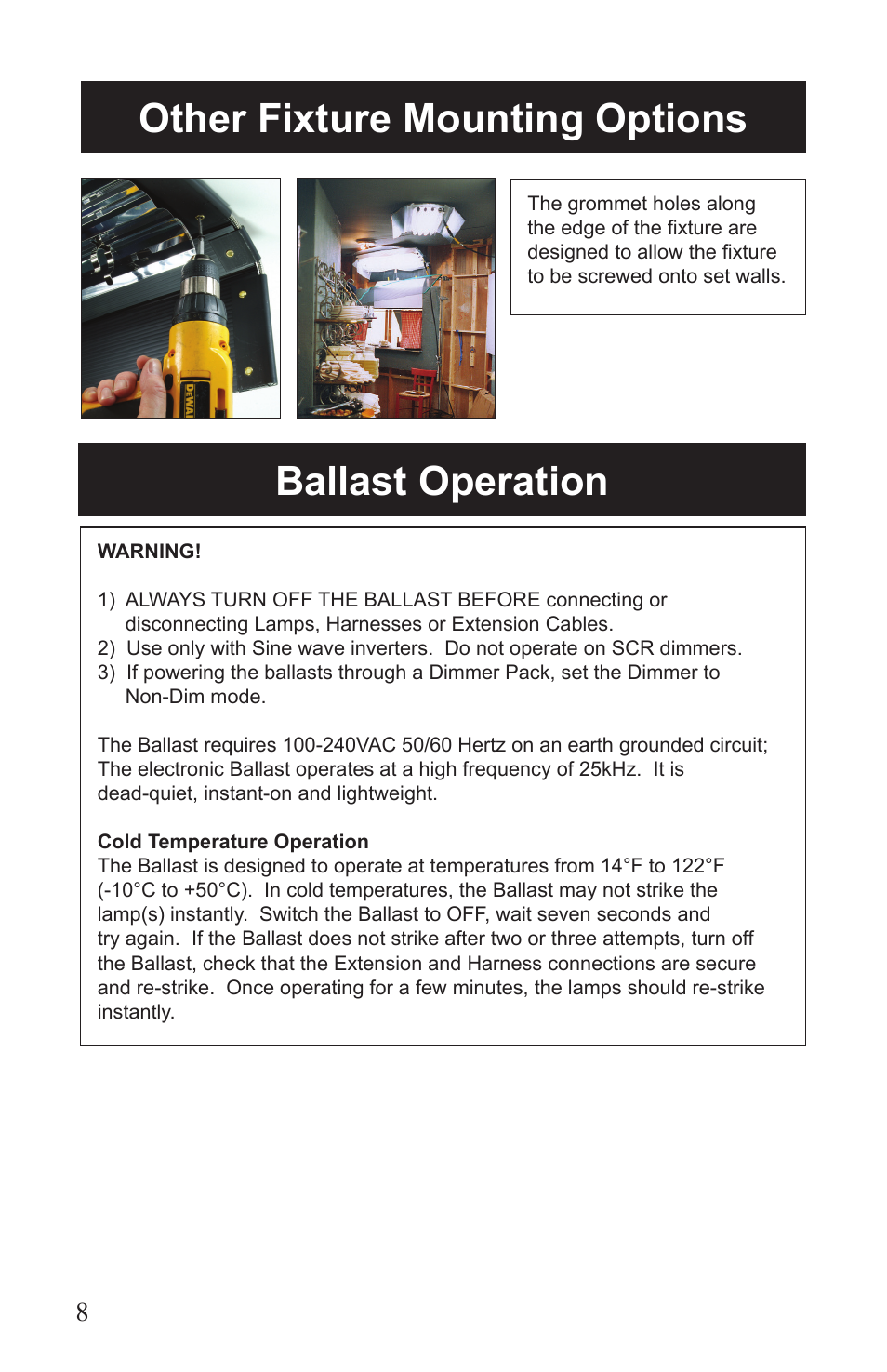 Other fixture mounting options, Ballast operation | Kino Flo Single (BAL-127) User Manual | Page 8 / 16