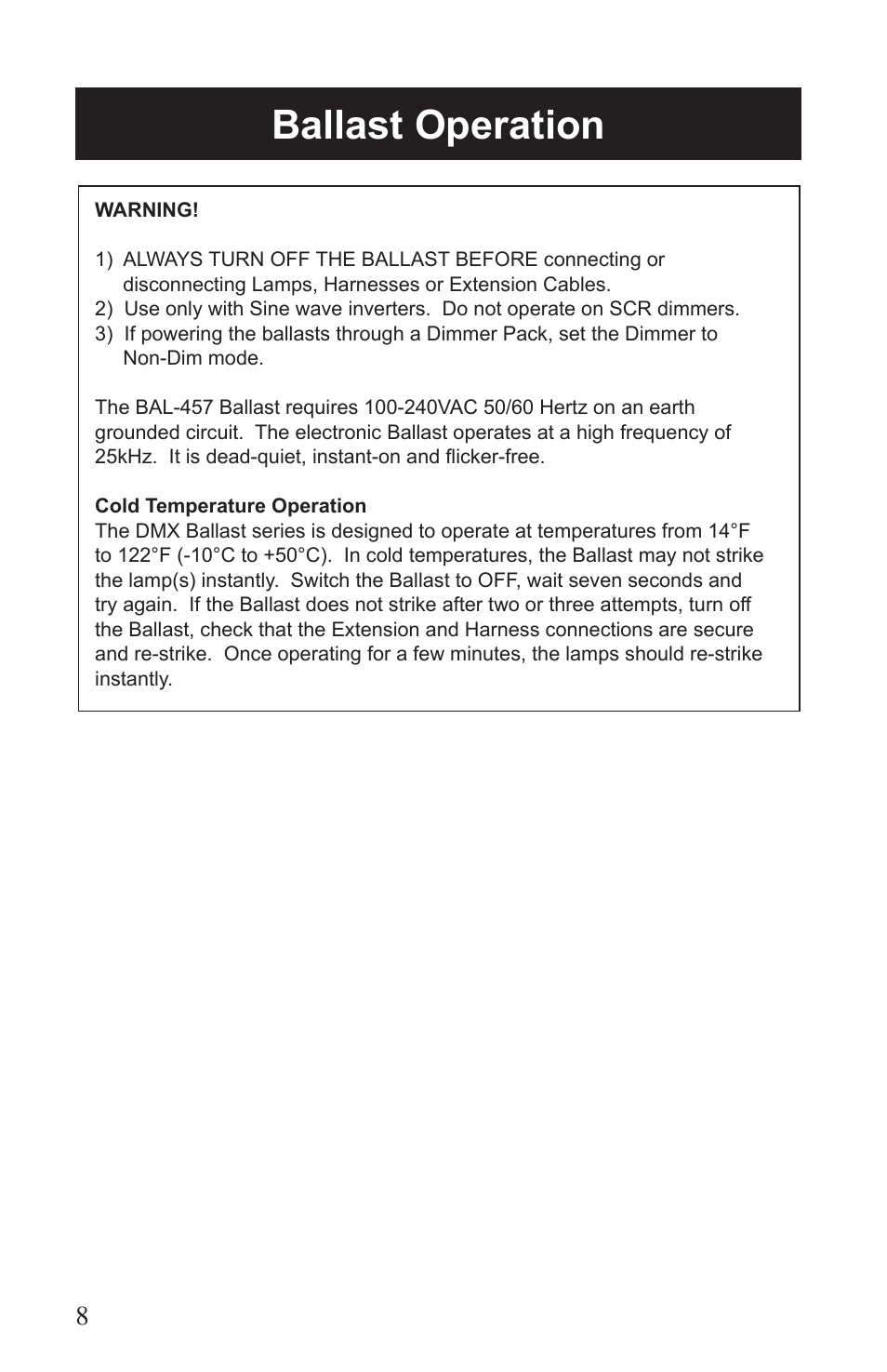 Ballast operation | Kino Flo 4Bank DMX (BAL-457) User Manual | Page 8 / 16