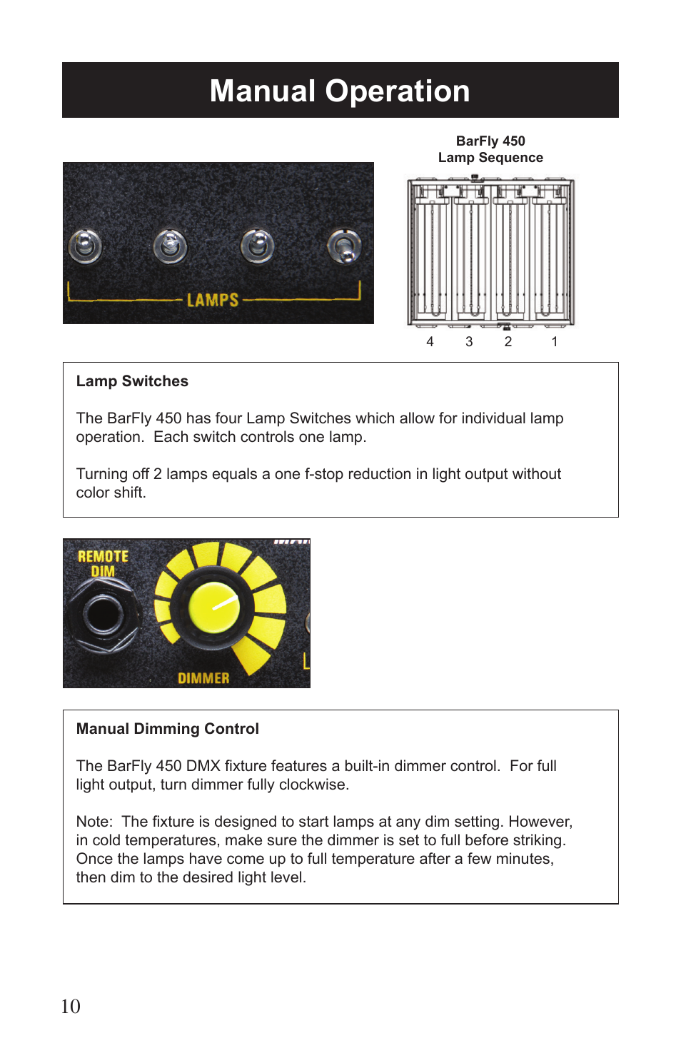 Manual operation | Kino Flo BarFly 450 DMX User Manual | Page 10 / 16