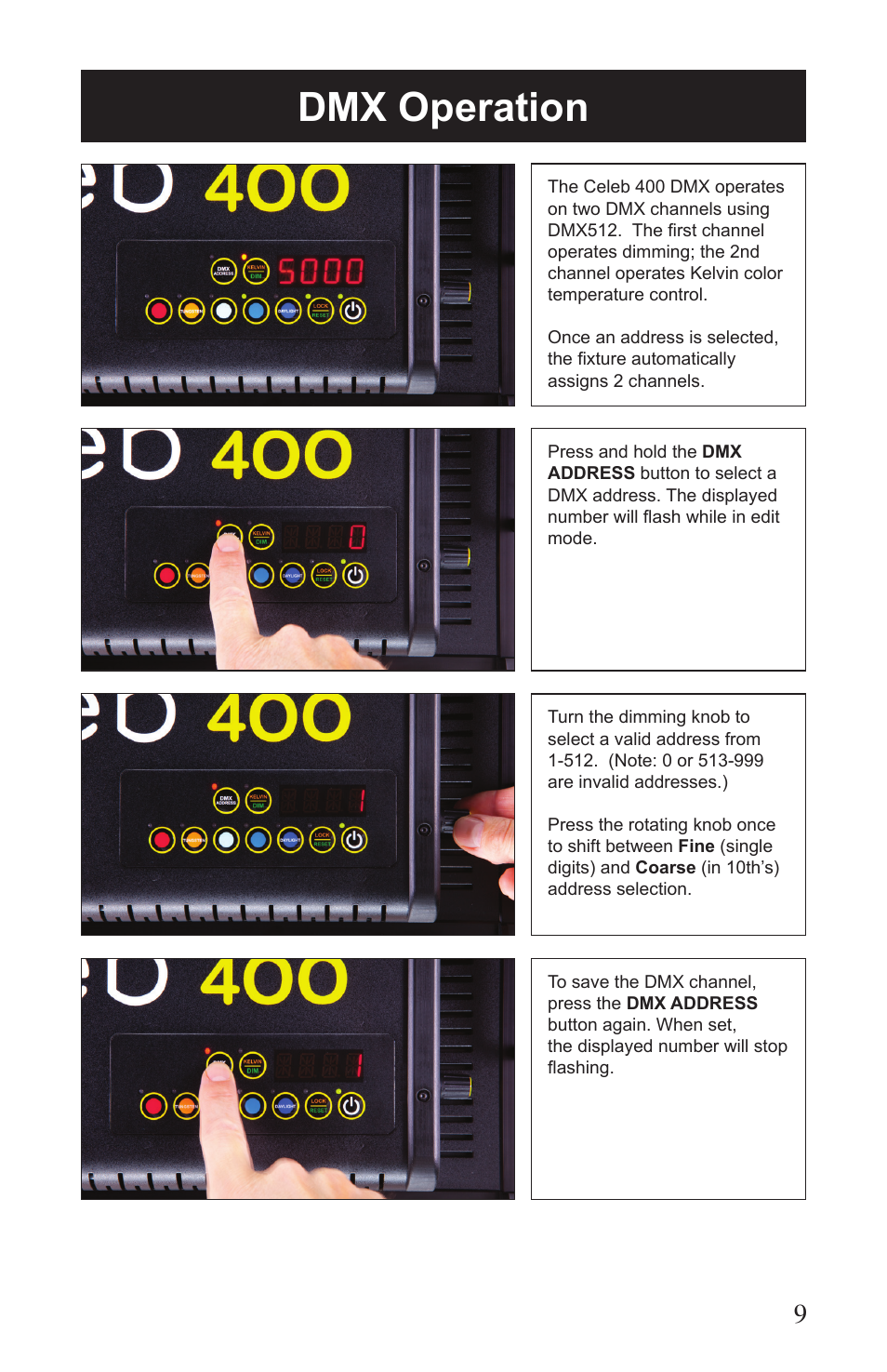 Dmx operation | Kino Flo Celeb 400 DMX LED User Manual | Page 9 / 20