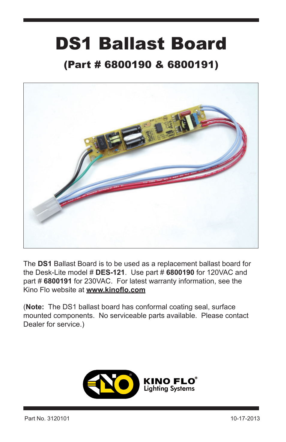 Kino Flo DS1 Ballast Board User Manual | 2 pages