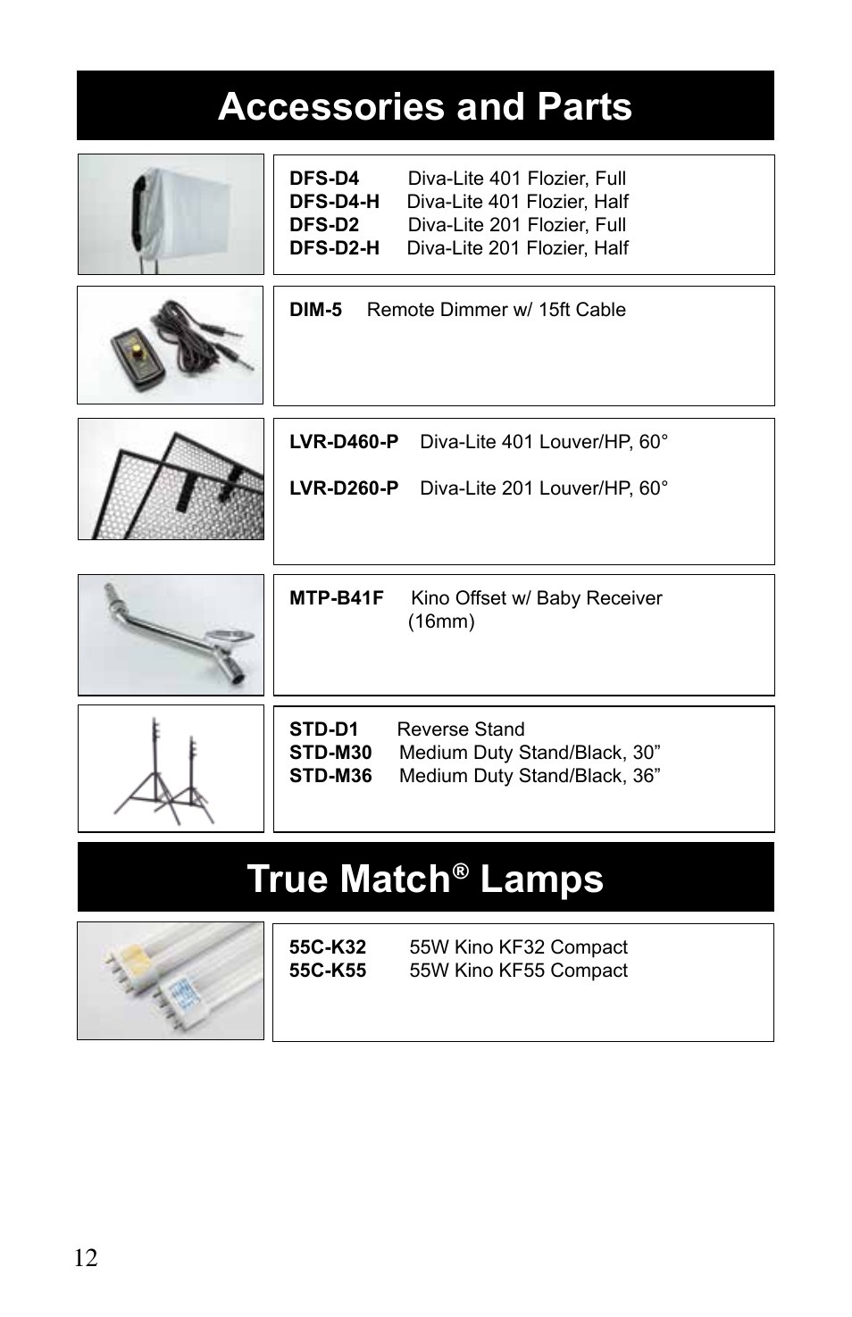 Accessories and parts, True match, Lamps | Kino Flo Diva-Lite 401/201 & 400U User Manual | Page 12 / 16