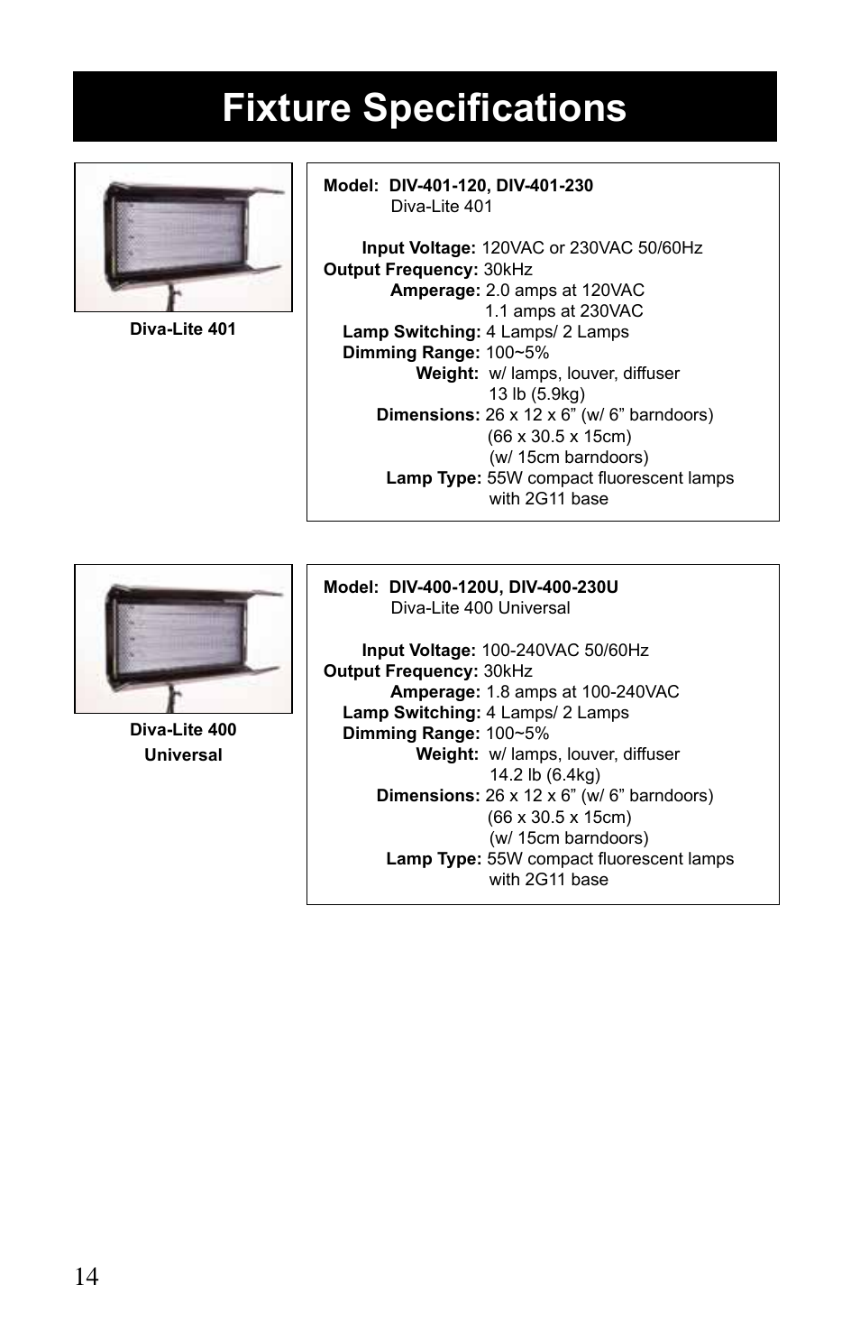 Fixture specifications | Kino Flo Diva-Lite 401/201 & 400U User Manual | Page 14 / 16